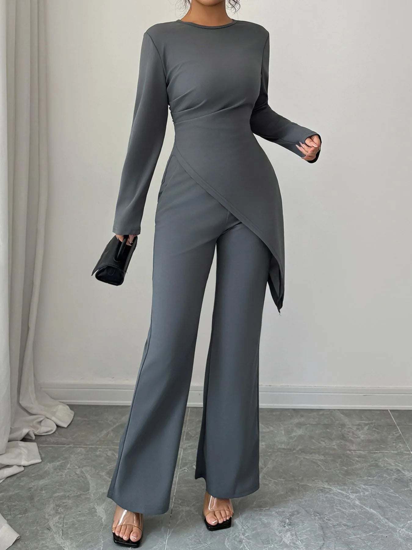 Asymmetric Long Sleeve Top and Pants Set nicholesgifts
