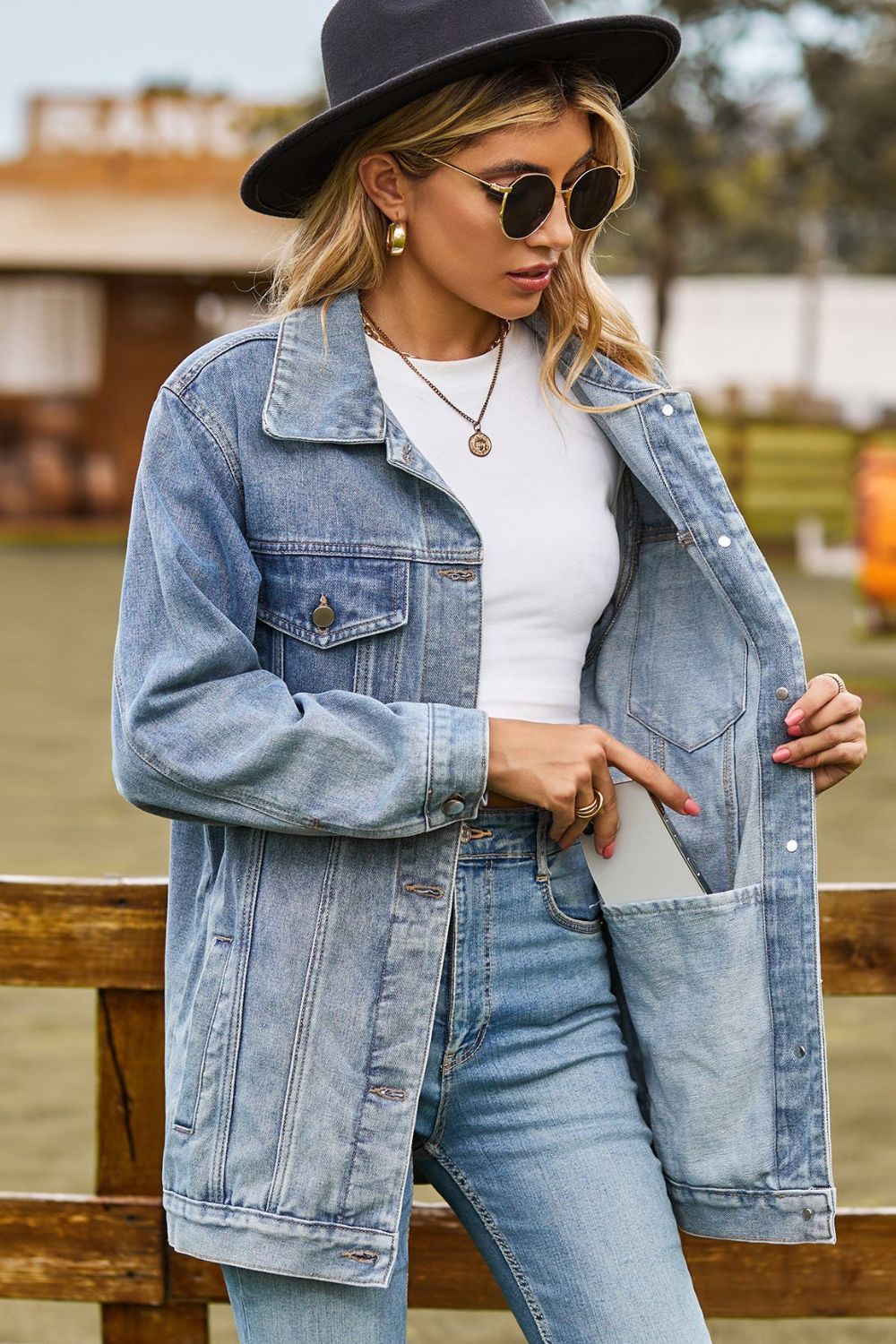 Buttoned Collared Neck Denim Jacket with Pockets Trendsi