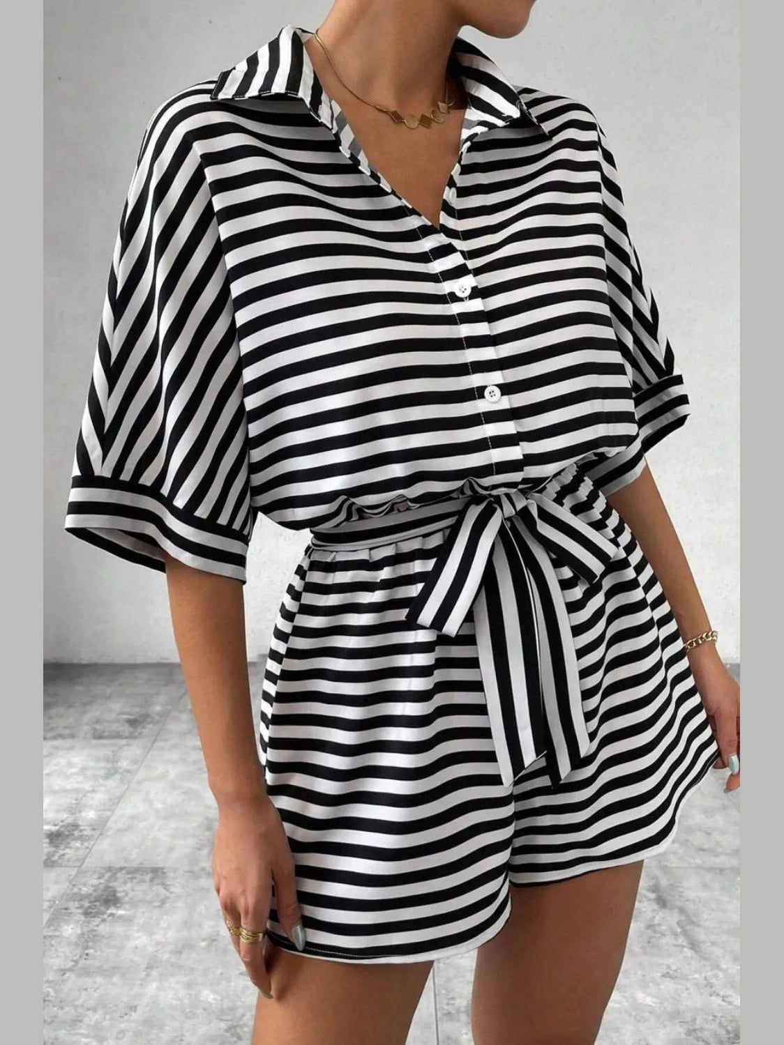 Striped Collared Neck Tie Waist Romper nicholesgifts