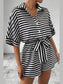 Striped Collared Neck Tie Waist Romper nicholesgifts