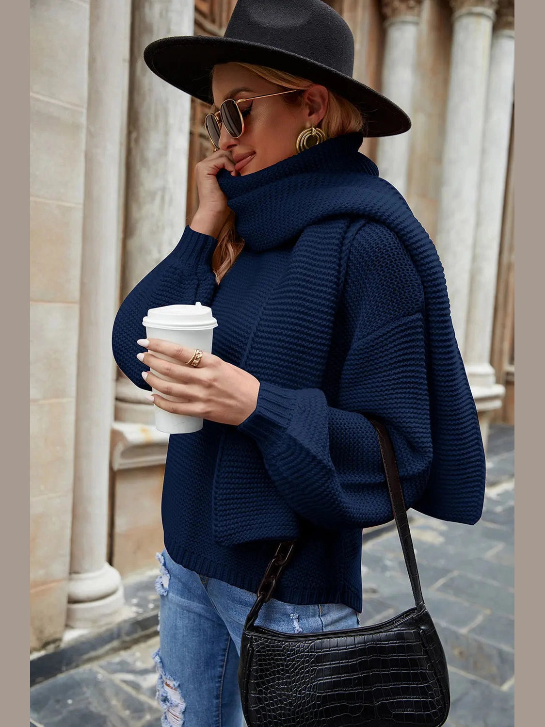 Round Neck Lantern Sleeve Sweater Trendsi