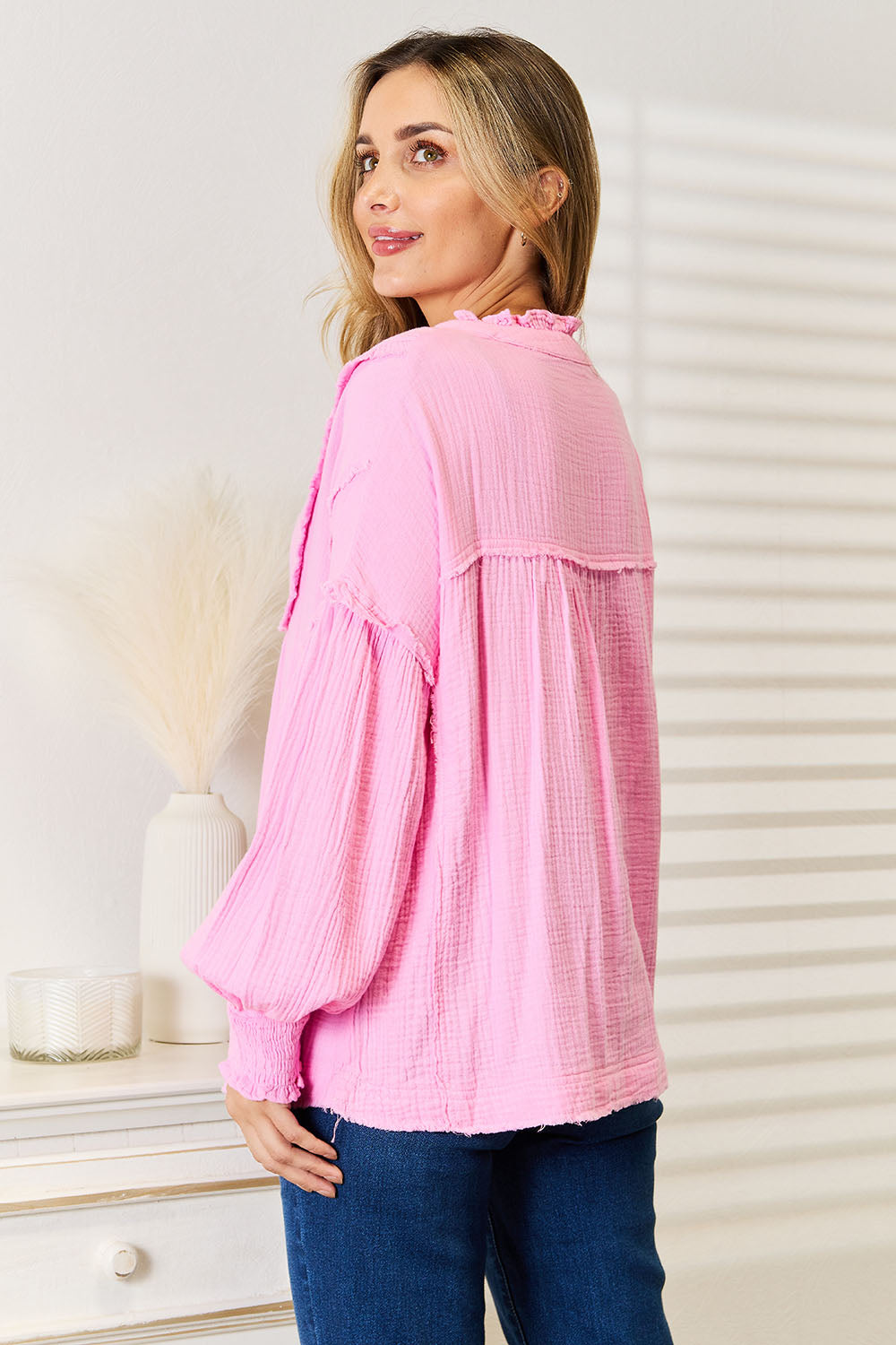 Double Take Exposed Seam Buttoned Notched Neck Blouse nicholesgifts