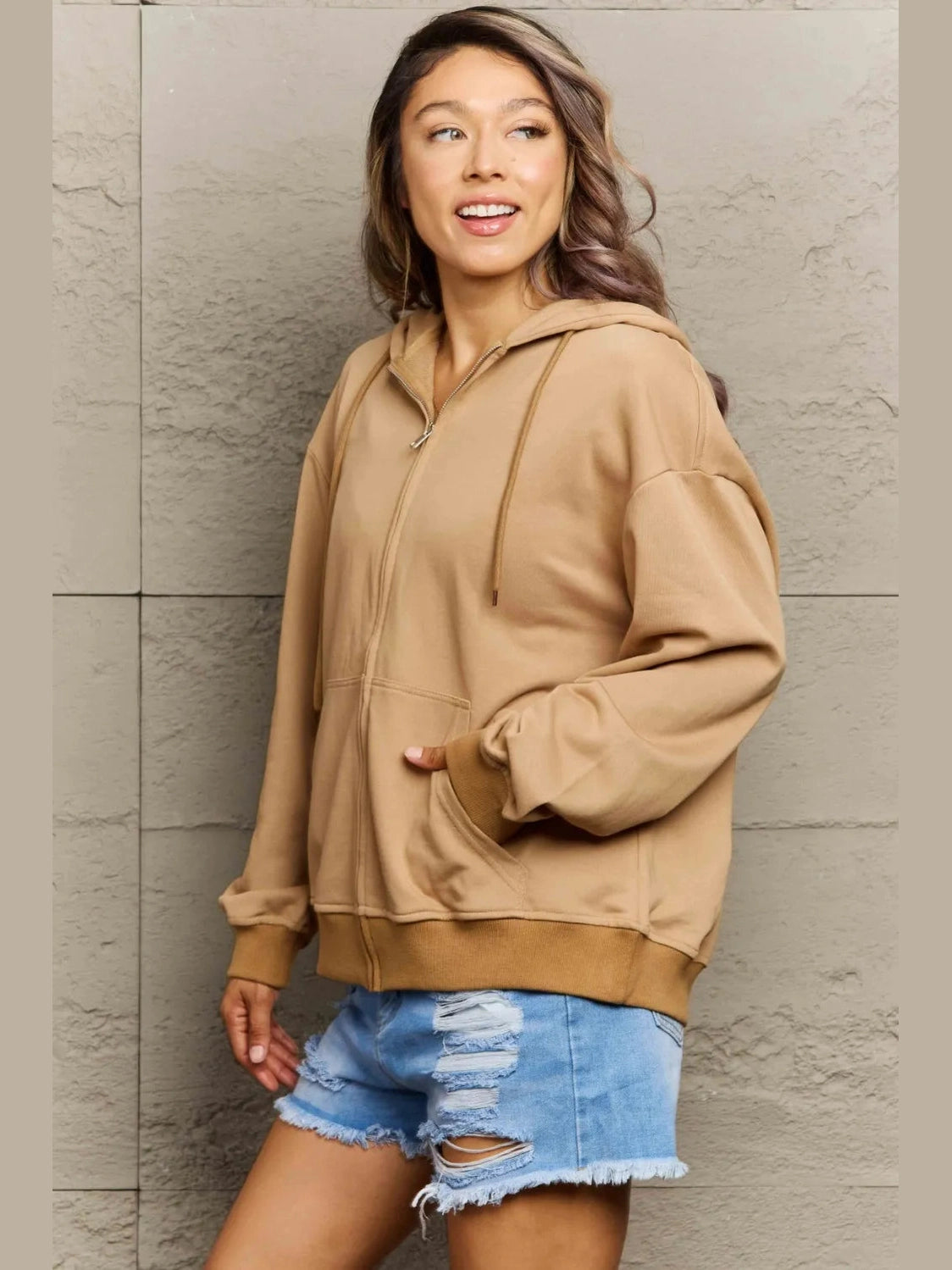 Full Size Zip Up Long Sleeve Hooded Jacket