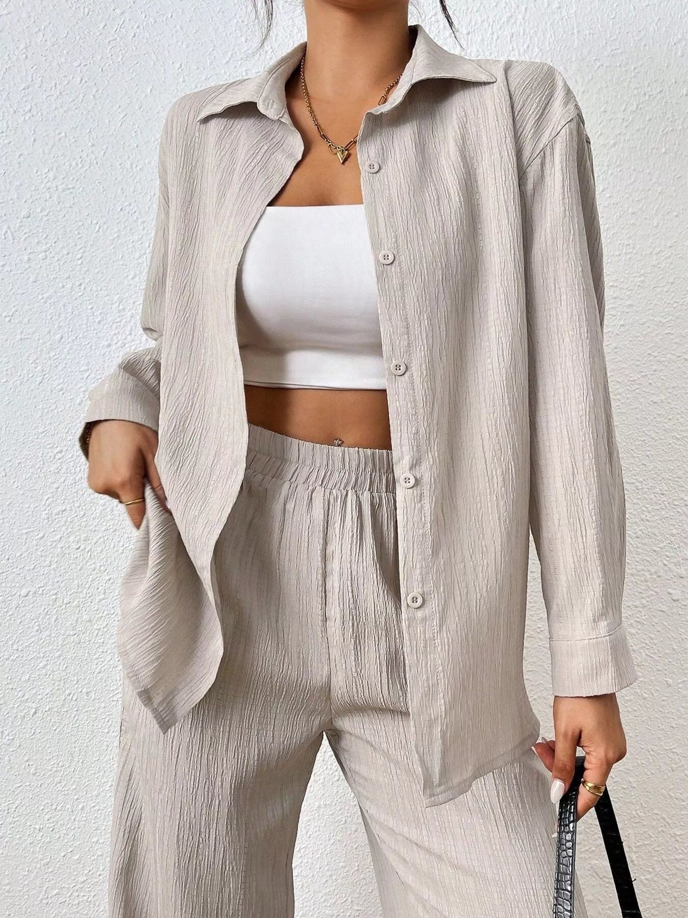 Button Up Long Sleeve Shirt and Pants Set Trendsi