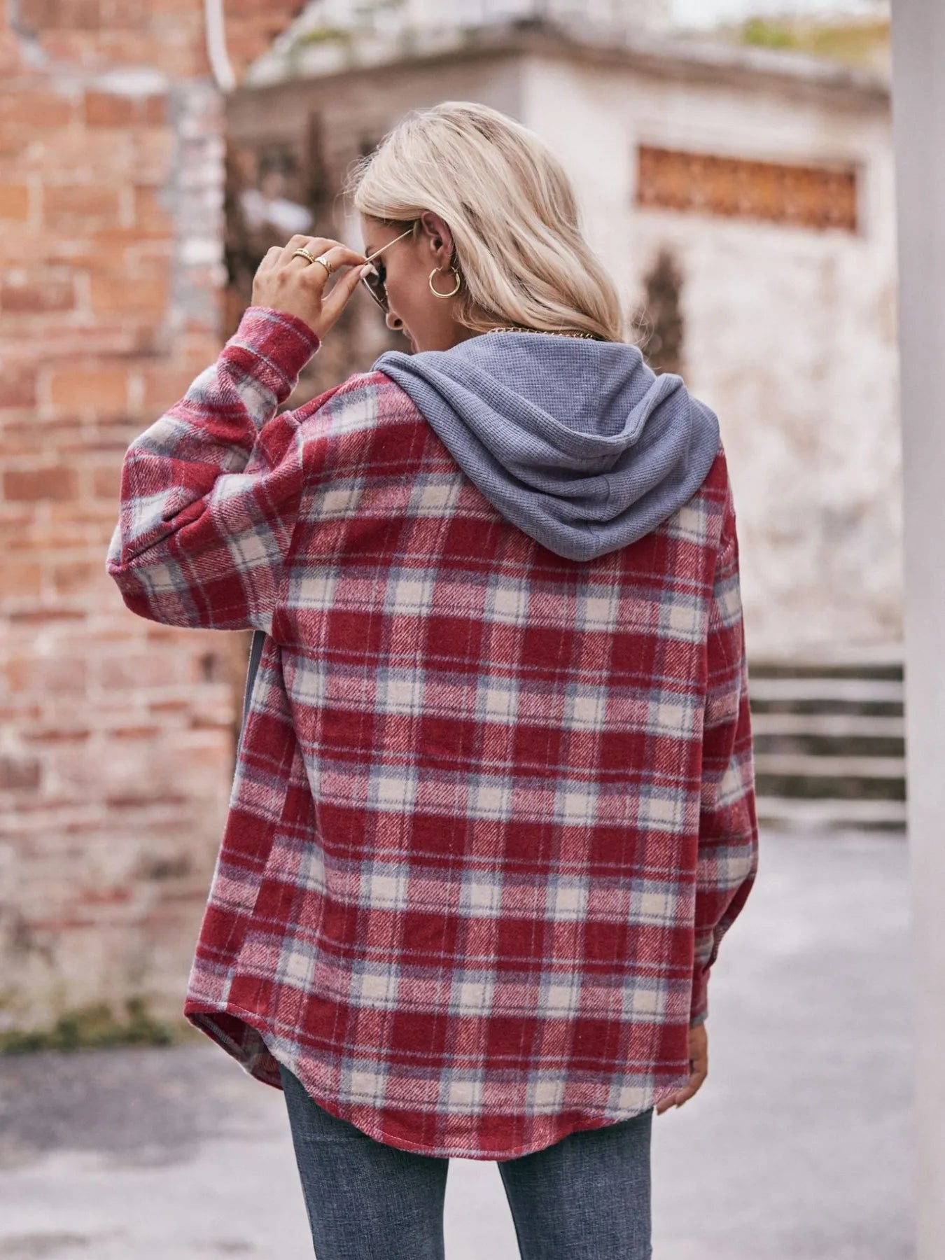 Oversized Plaid Button Up Shacket Trendsi