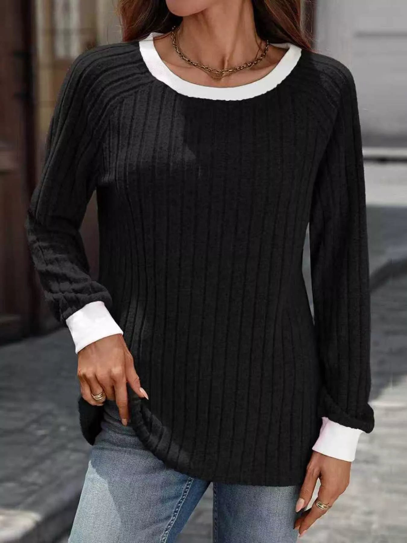Ribbed Round Neck Raglan Sleeve Knit Top Trendsi