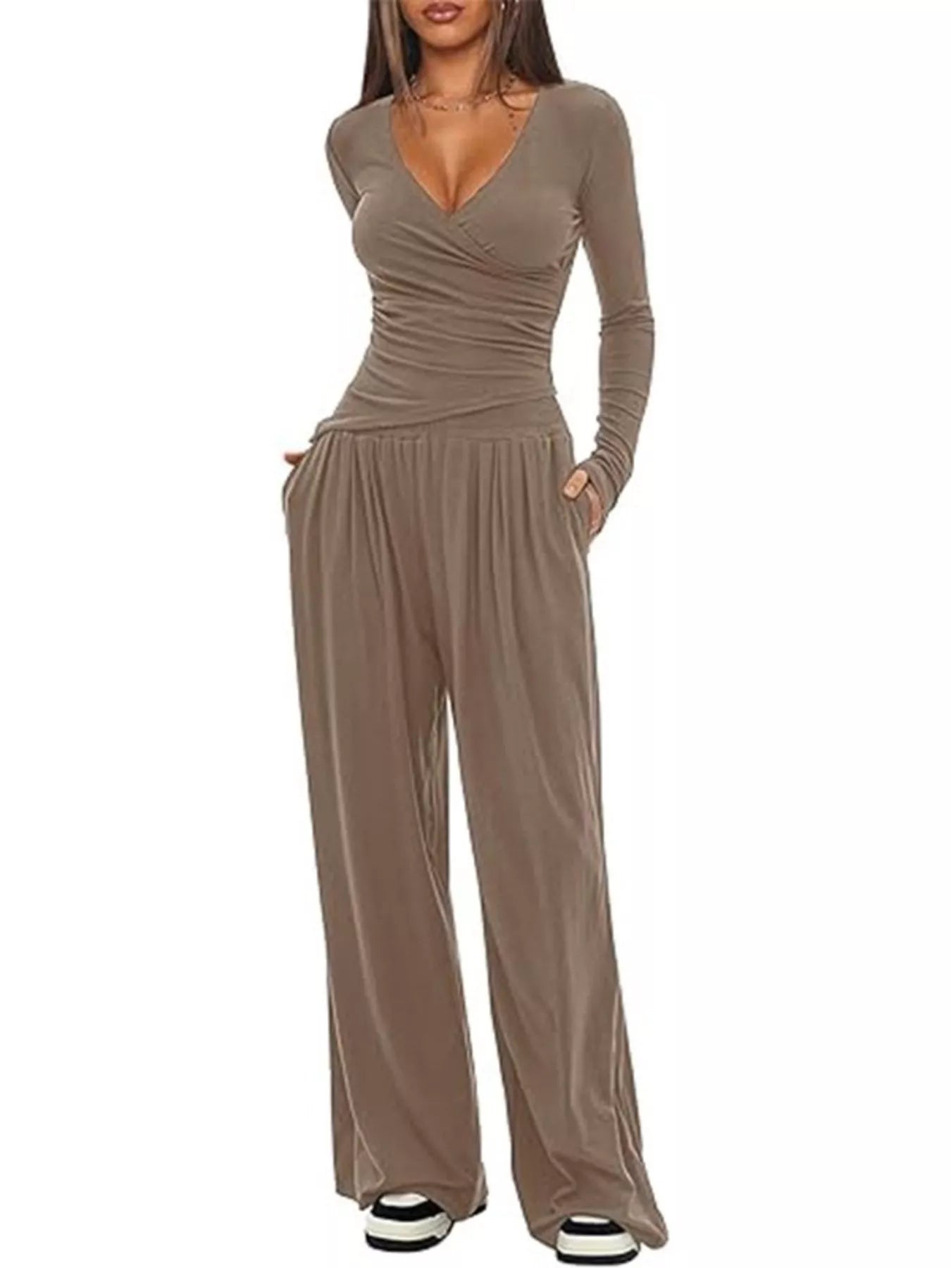 Casual Long Sleeve Top and Wide Leg Pants Set nicholesgifts