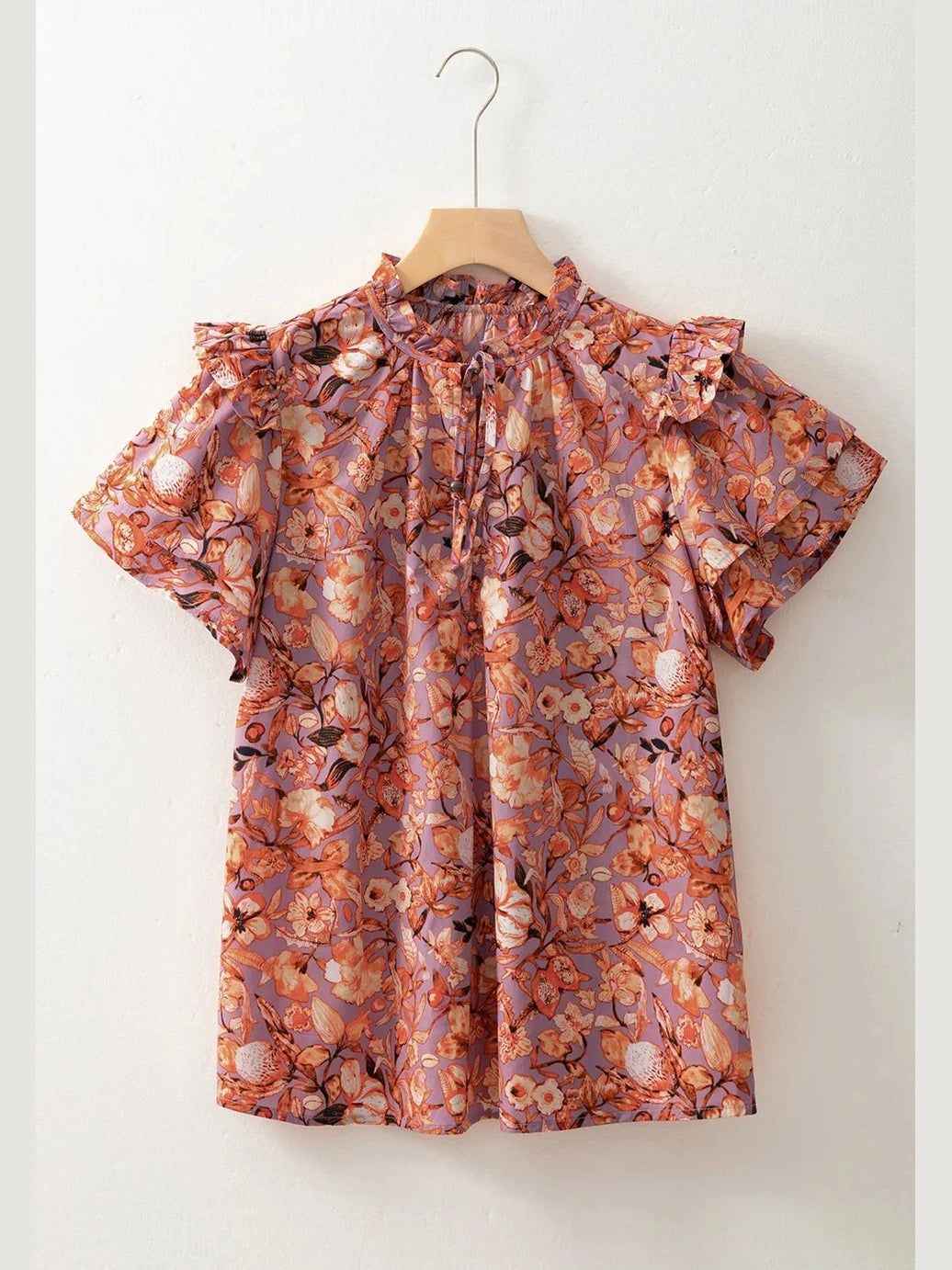 Floral Ruffled Layered Short Sleeve Tie Neck Blouse NicholesGifts