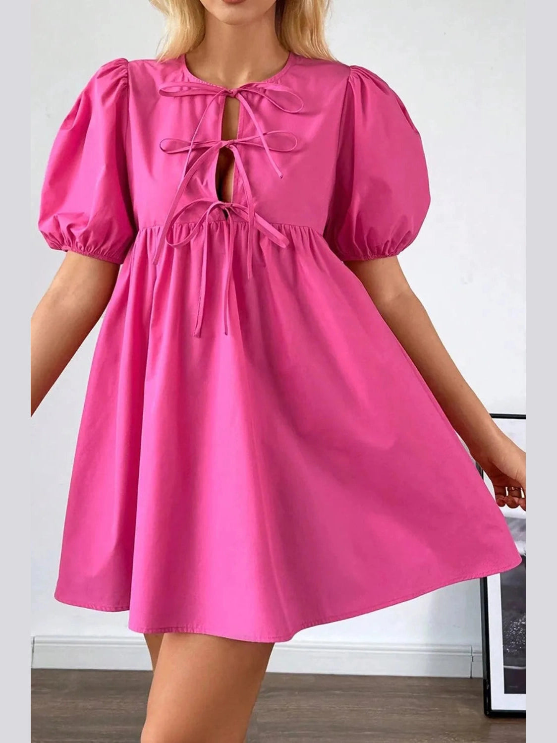 Puff Sleeve Tie Front High Waist Mini Dress NicholesGifts
