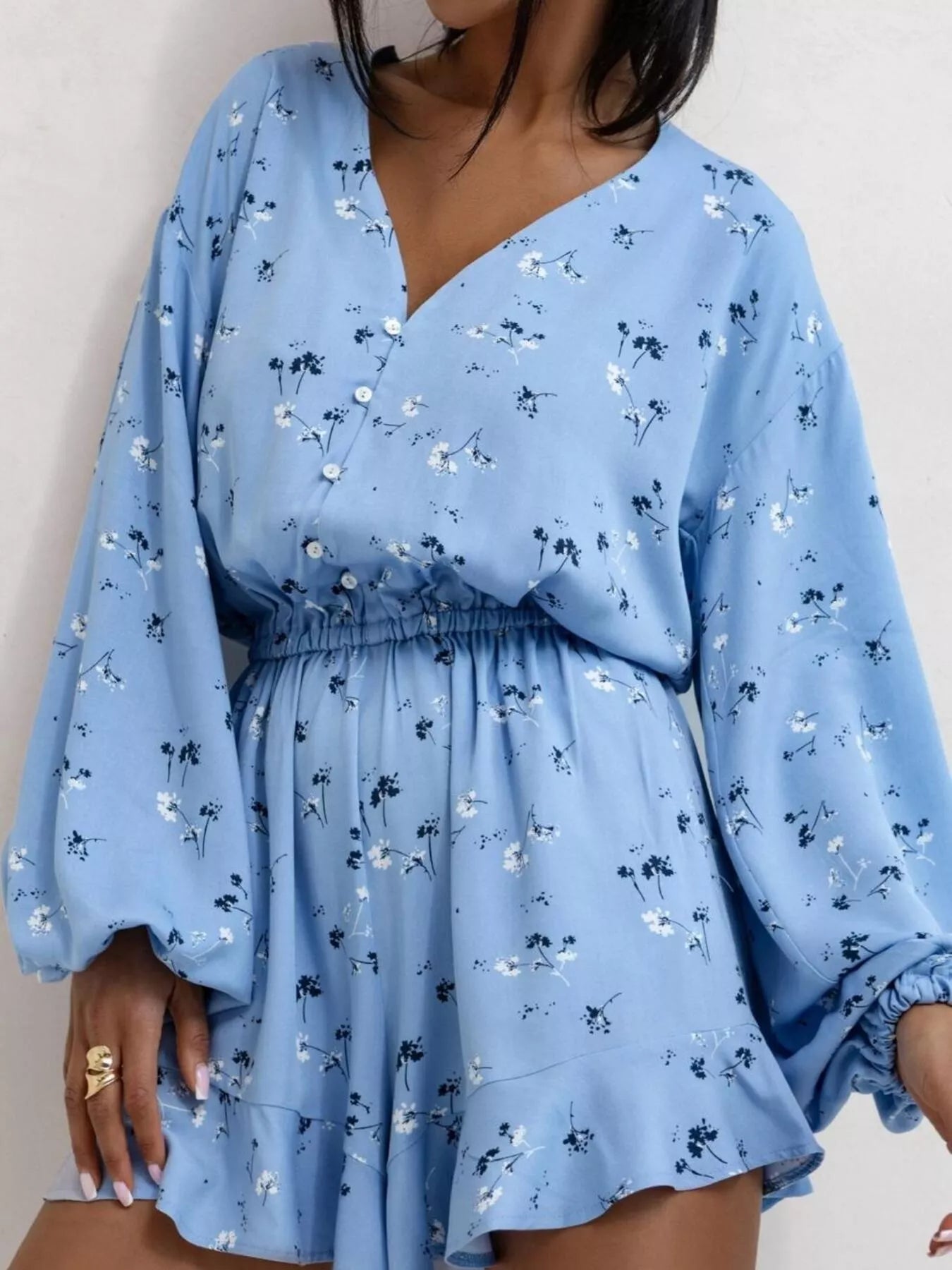 Floral V-Neck Long Sleeve Romper with Elastic Waist nicholesgifts