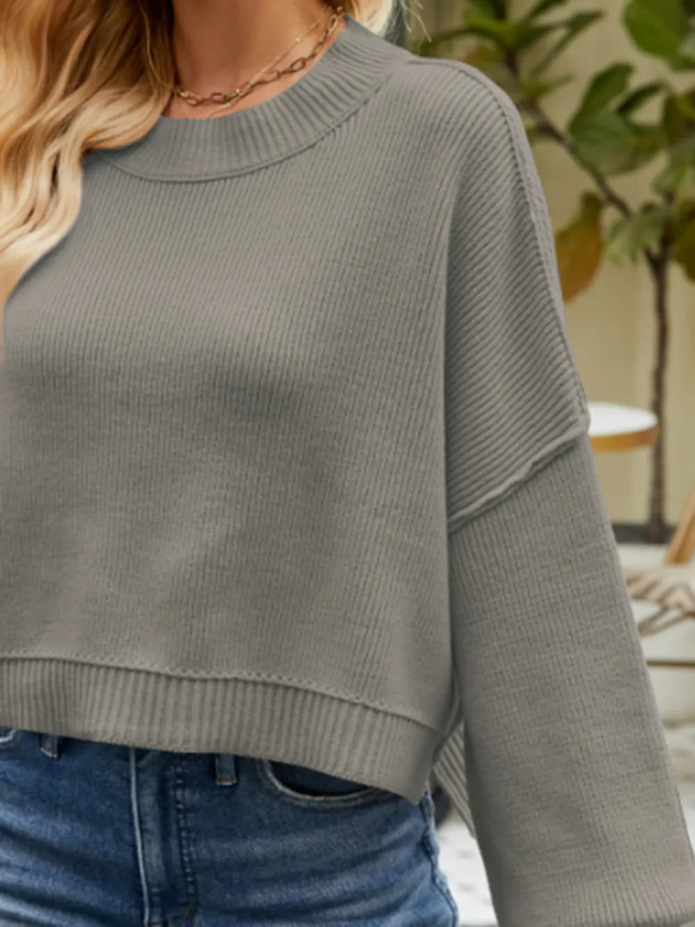 Round Neck Lantern Sleeve Sweater Trendsi