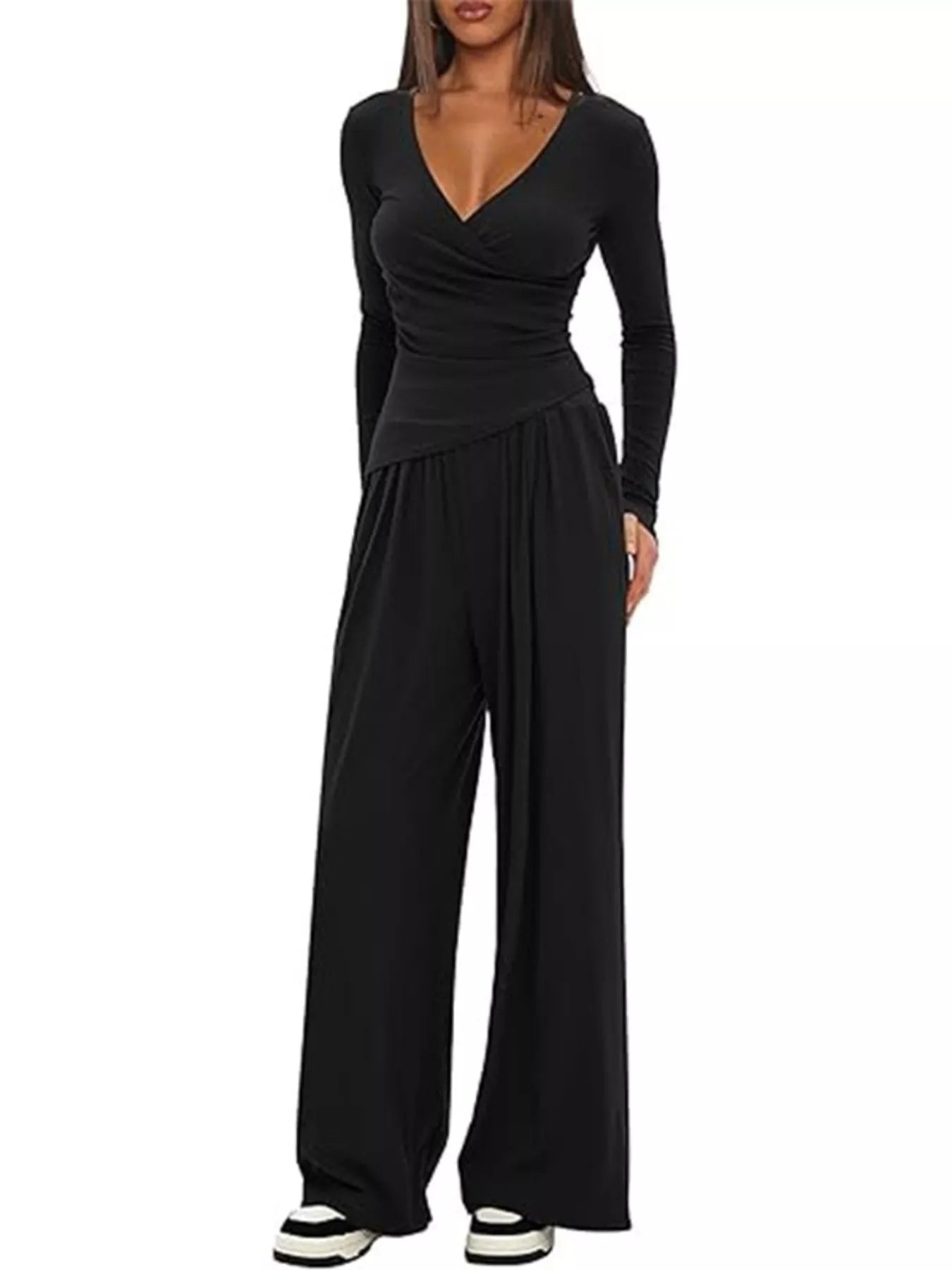 Casual Long Sleeve Top and Wide Leg Pants Set nicholesgifts