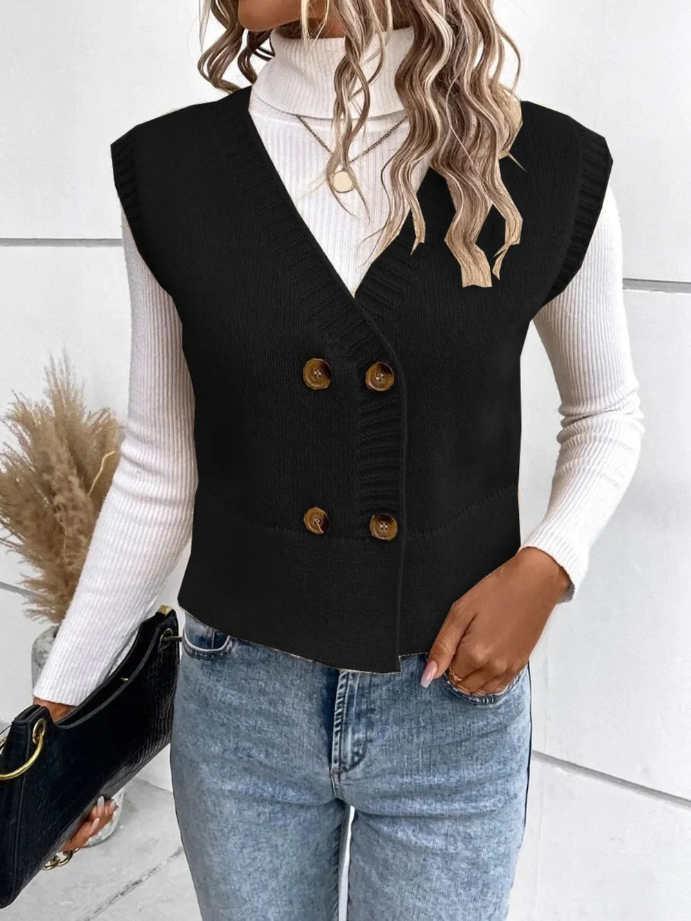 Full Size Button Up V-Neck Sweater Vest nicholesgifts