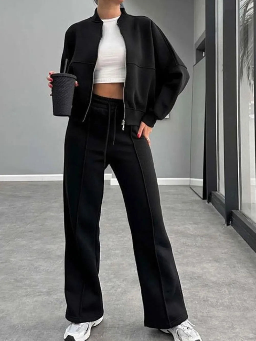 Baseball Collar Zip Up Outerwear and Drawstring Pants Set nicholesgifts
