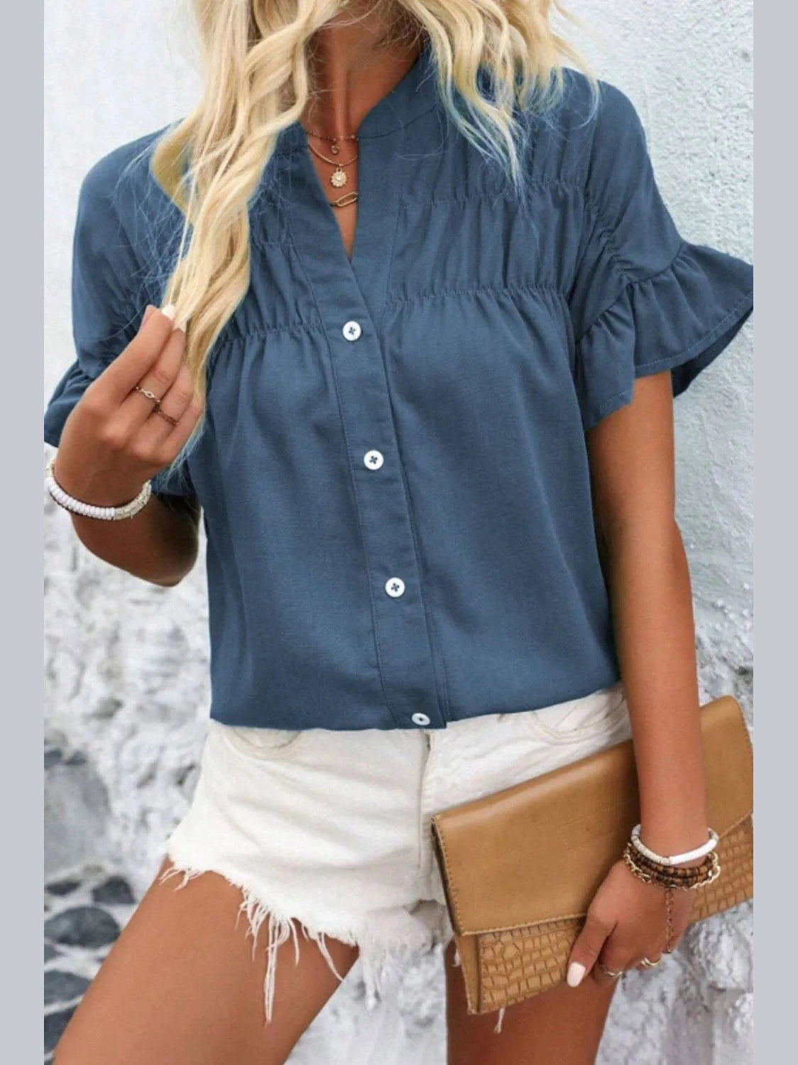 Ruffled Ruched Short Sleeve Button Down Shirt