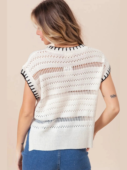 BiBi Stitch Edge Pointelle Side Slit Sweater Vest nicholesgifts