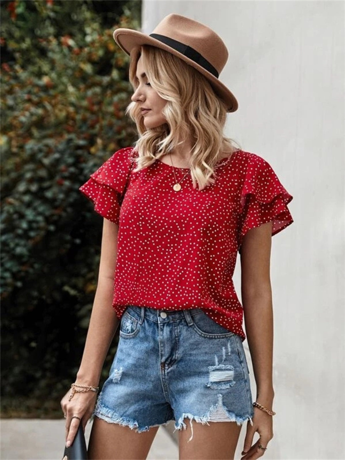 Ruffled Polka Dot Round Neck Short Sleeve Blouse nicholesgifts