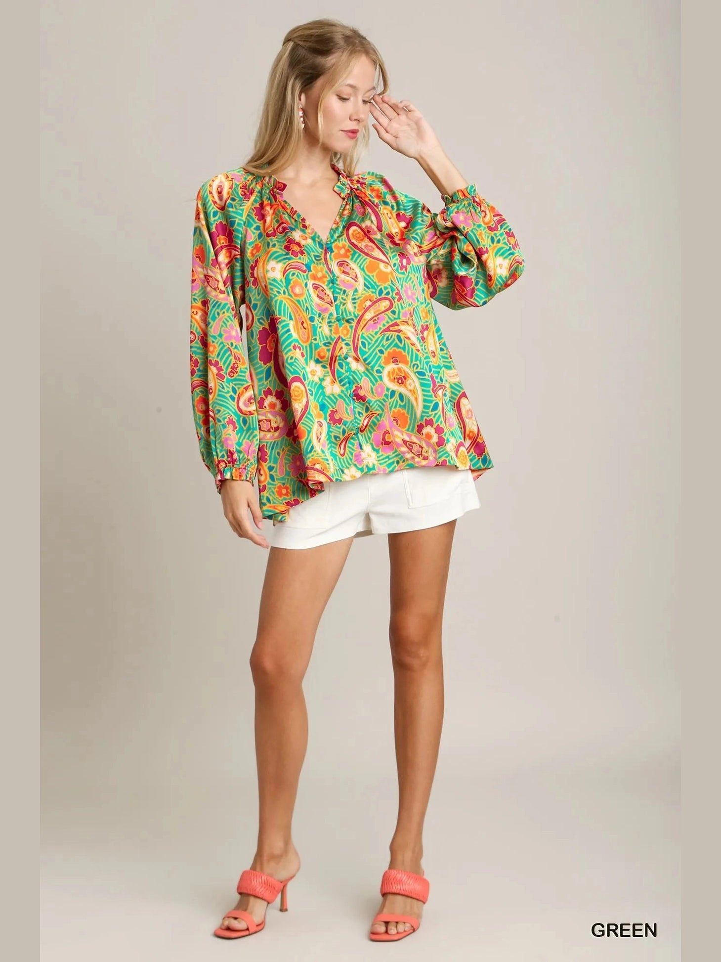 Women Umgee Satin Paisley Ruffle Neck Button-Up Long Sleeve Shirt NicholesGifts