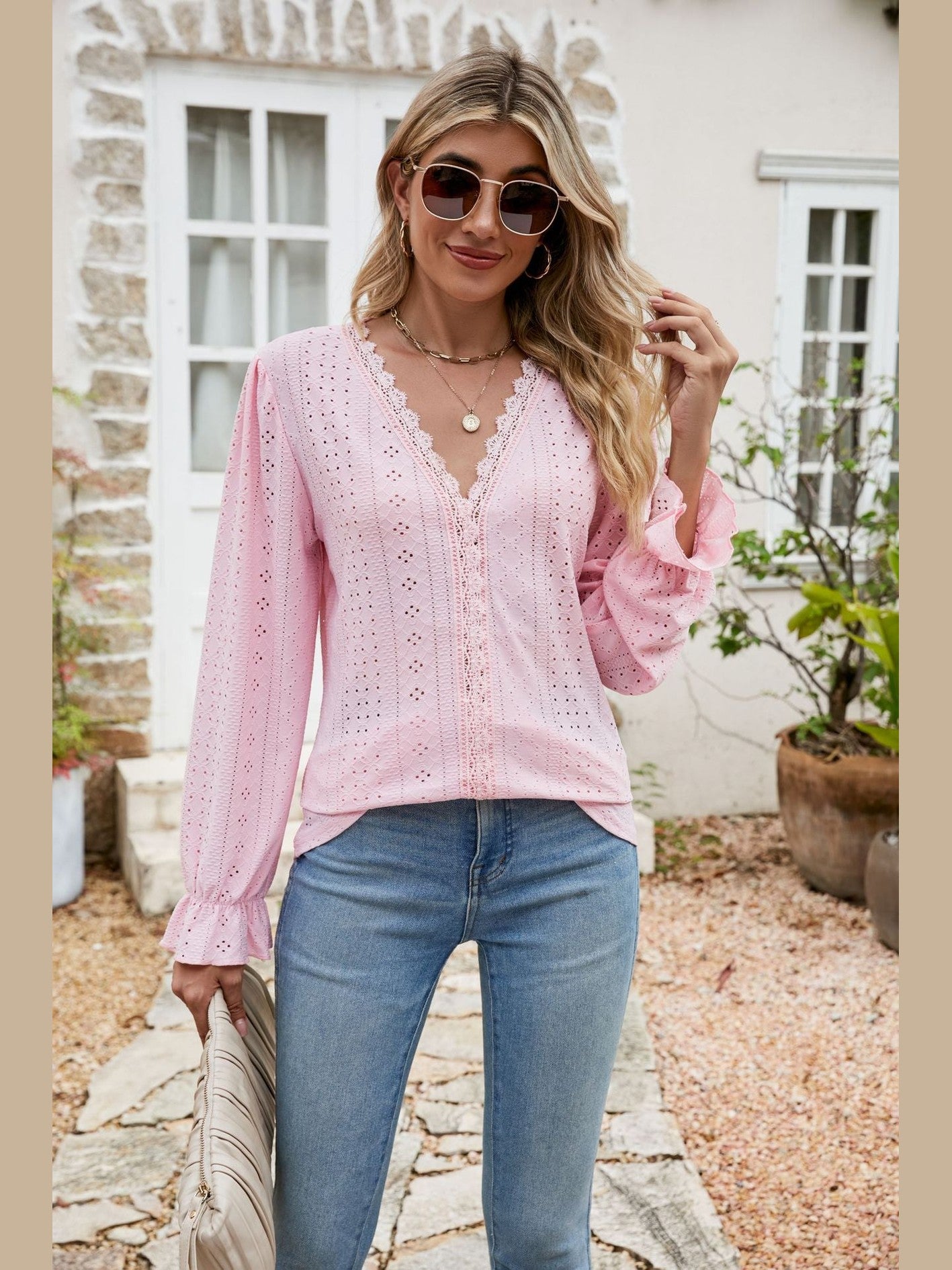 Eyelet Lace Trim Flounce Sleeve Blouse