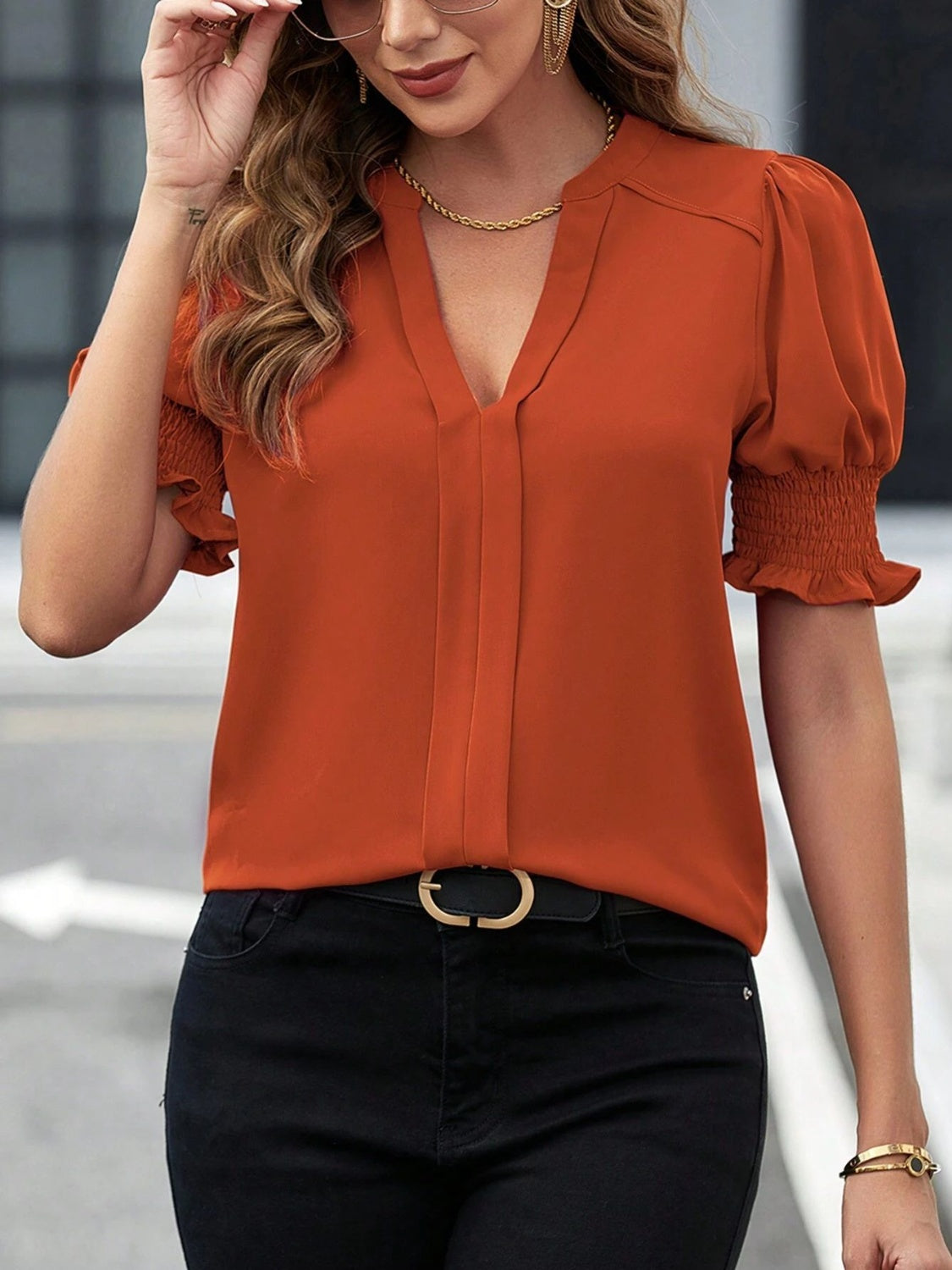 Notched Short Sleeve Blouse nicholesgifts