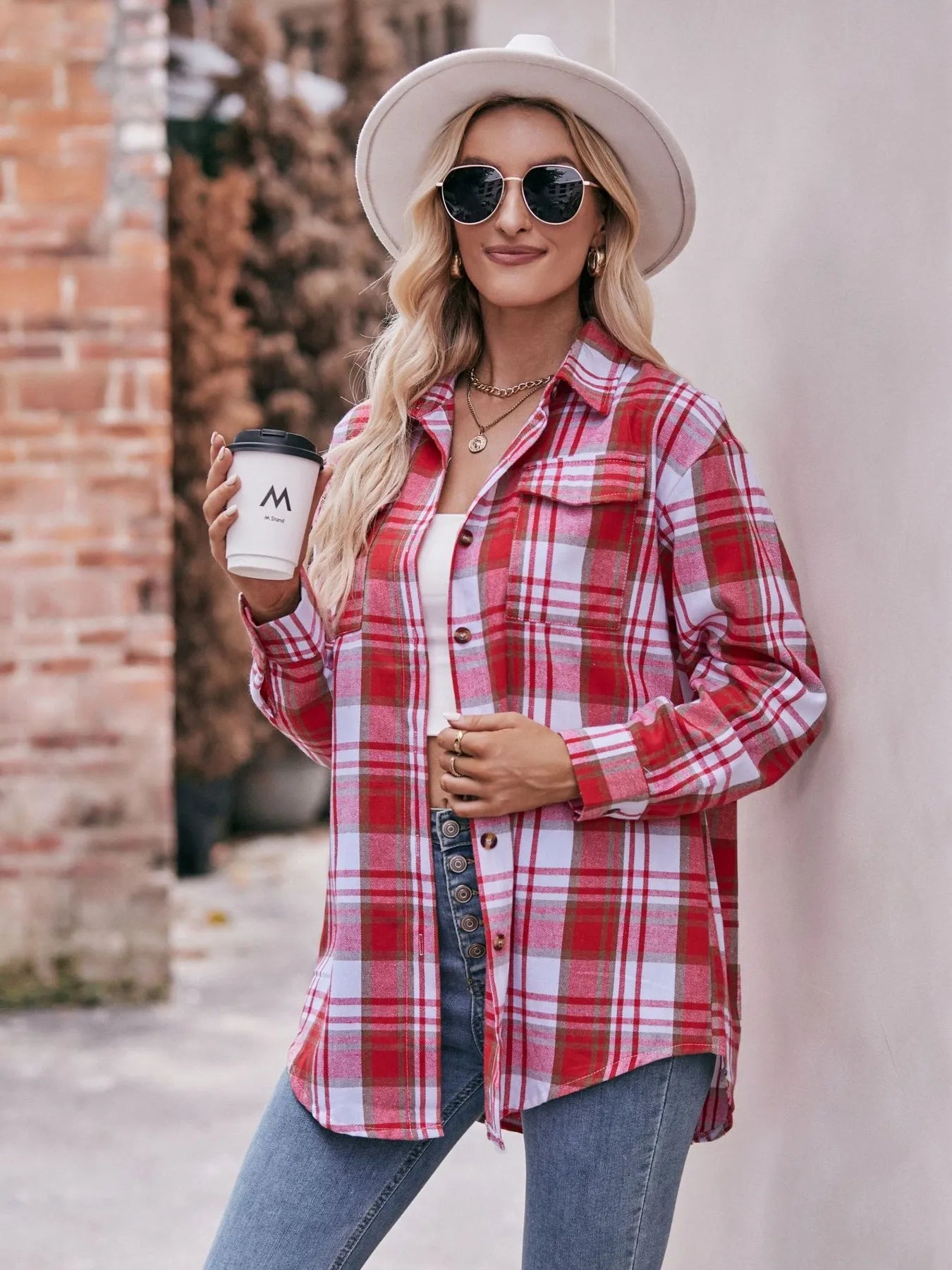 Plaid Button-Down Long Sleeve Shirt Trendsi