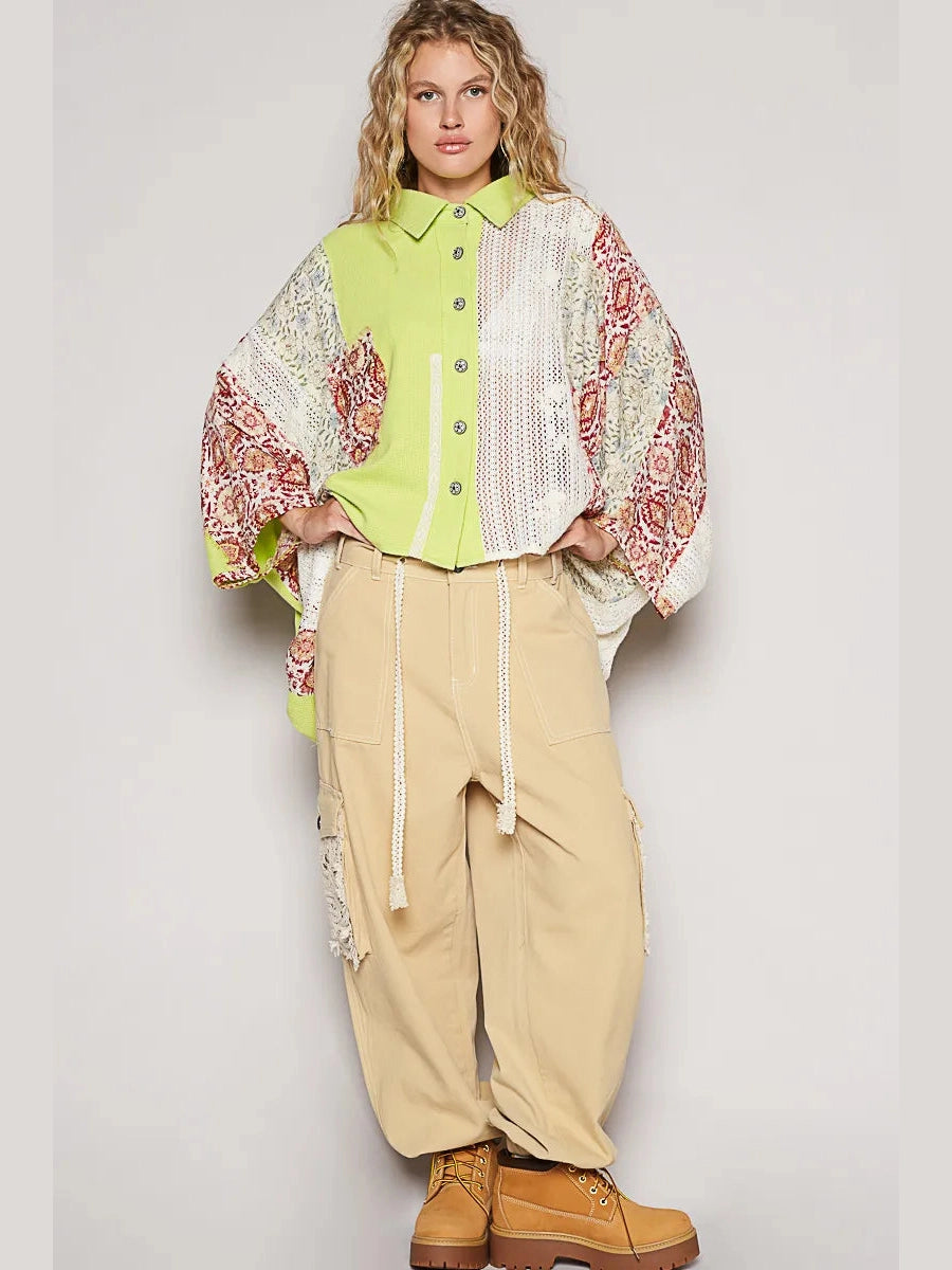 POL Thermal and Crochet Lace Mix Shirt with Floral Pattern NicholesGifts