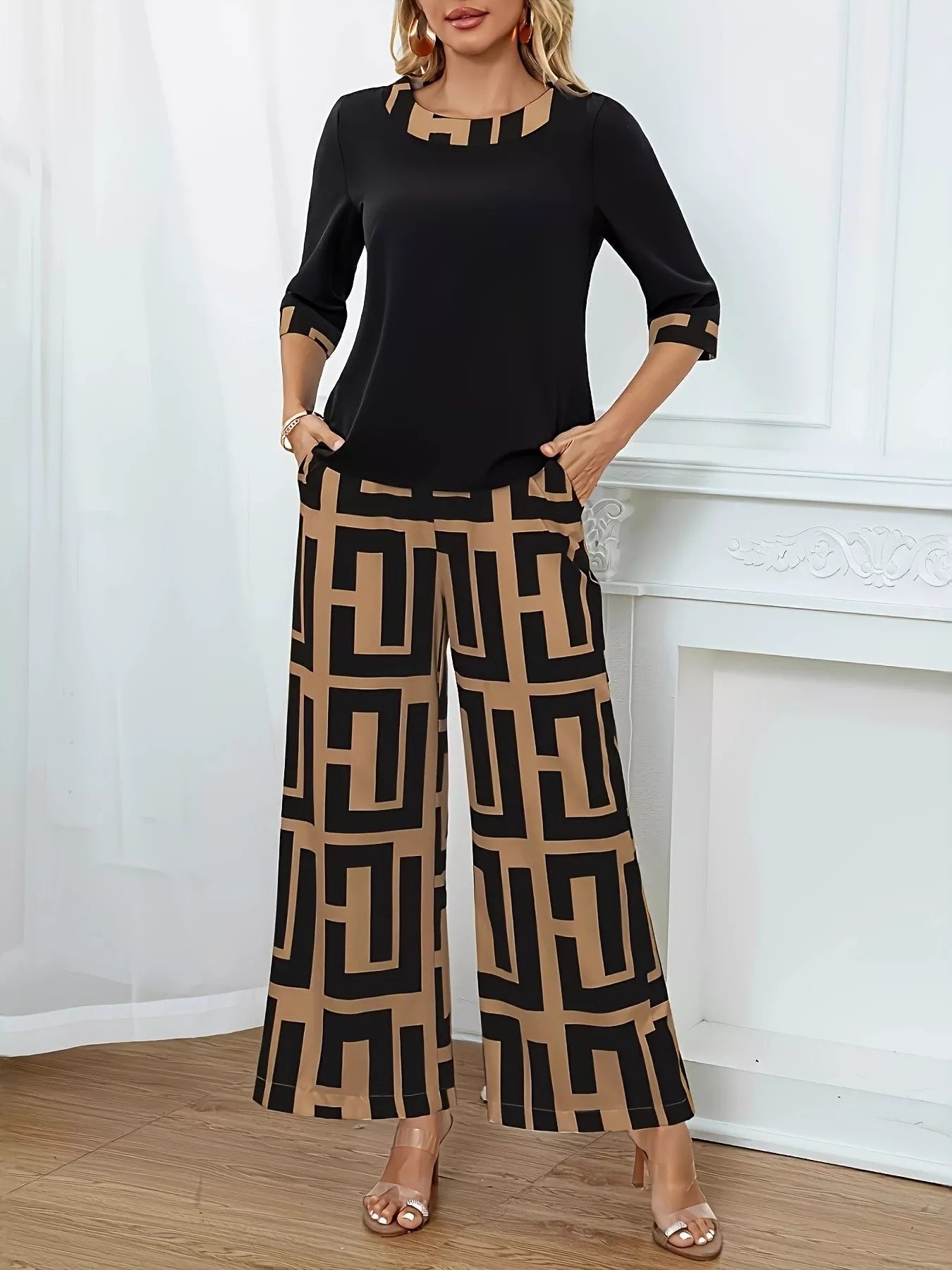 Round Neck Top and Wide Leg Pants Set NicholesGifts