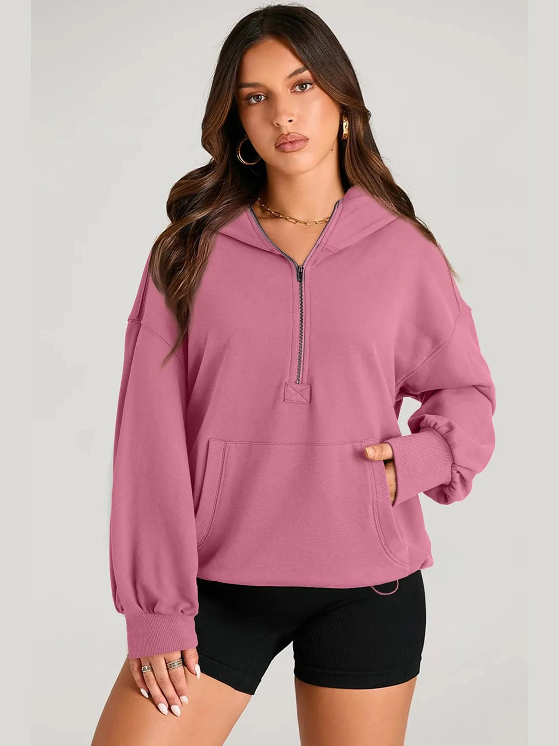 Pocketed Half Zip Long Sleeve Hoodie Trendsi