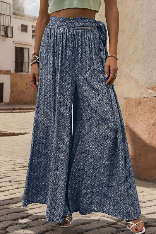 Women Printed Tied Wide Leg Pants nicholesgifts