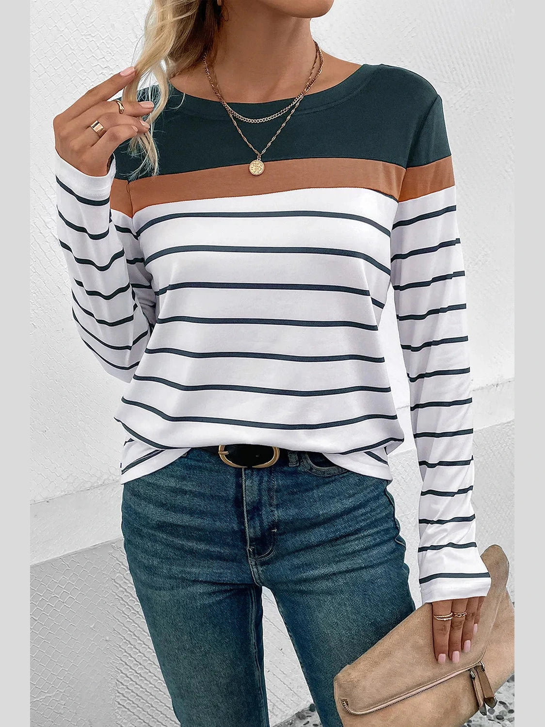 Perfee Striped Round Neck Long Sleeve T-Shirt nicholesgifts