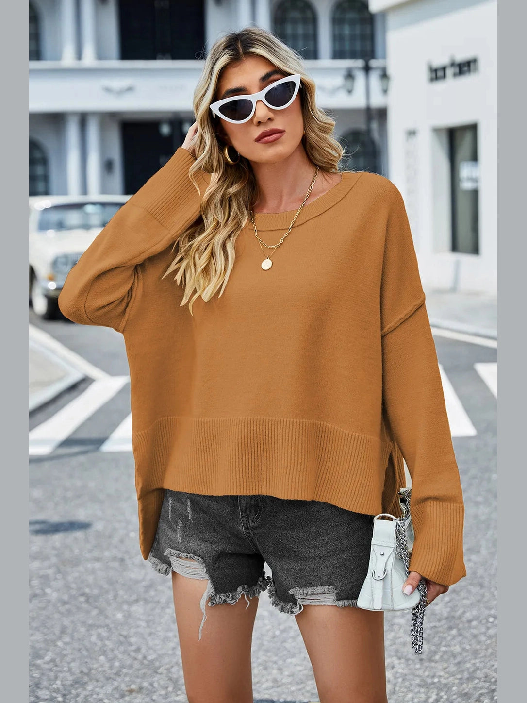 High-Low Slit Round Neck Long Sleeve Sweater nicholesgifts