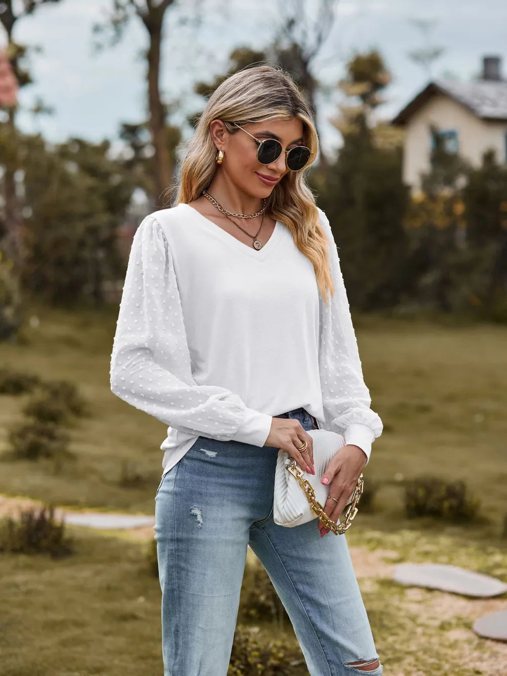 Swiss Dot V-Neck Long Sleeve Blouse NicholesGifts
