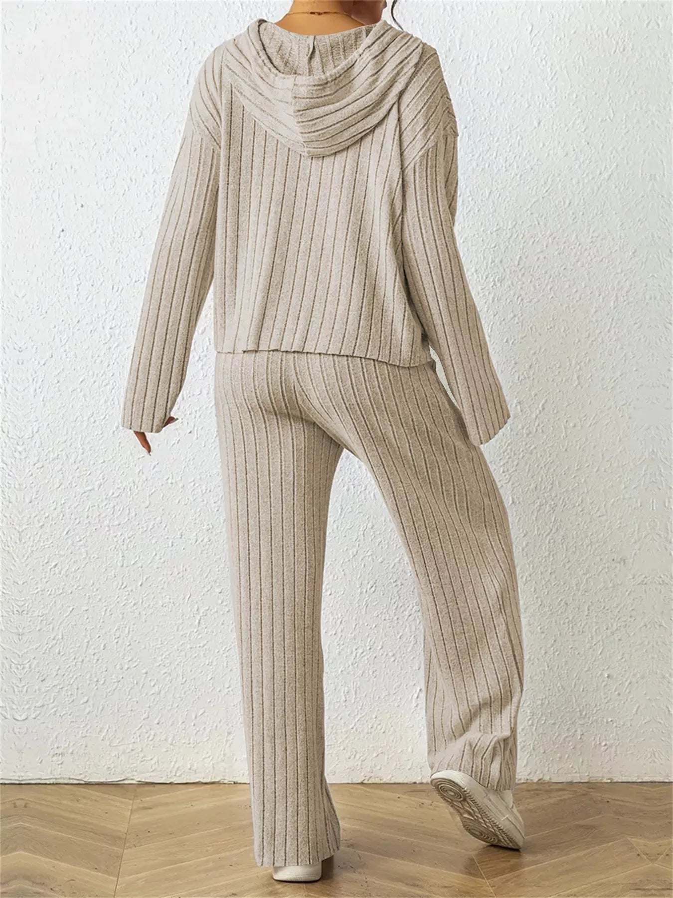 Ribbed Drawstring Hoodie and Pants Set Trendsi