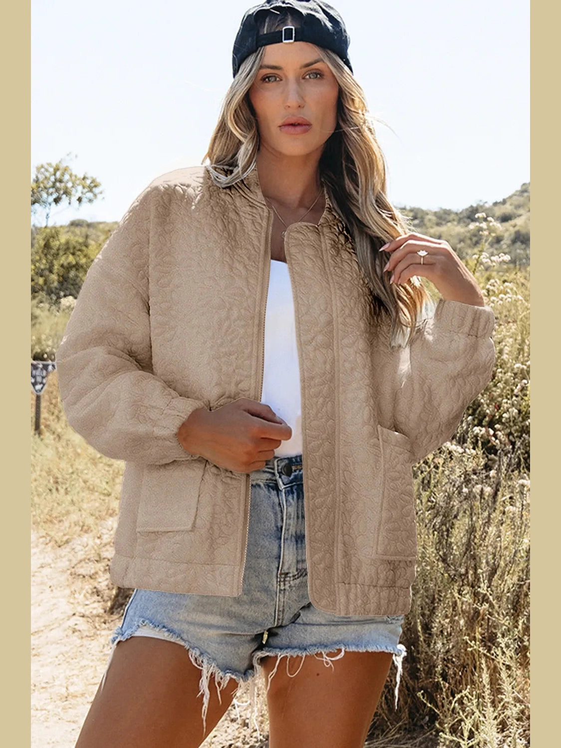 Baseball Collar Floral Quilted Jacket