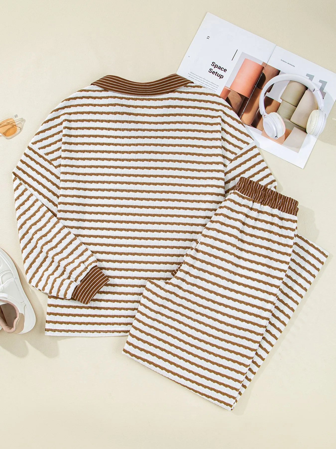 Stripe Collared Top and Drawstring Pant Set Trendsi