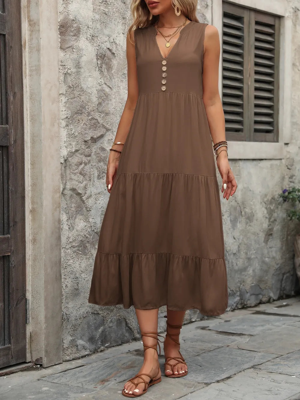 Ivy Lane Decorative Button Notched Sleeveless Dress Trendsi