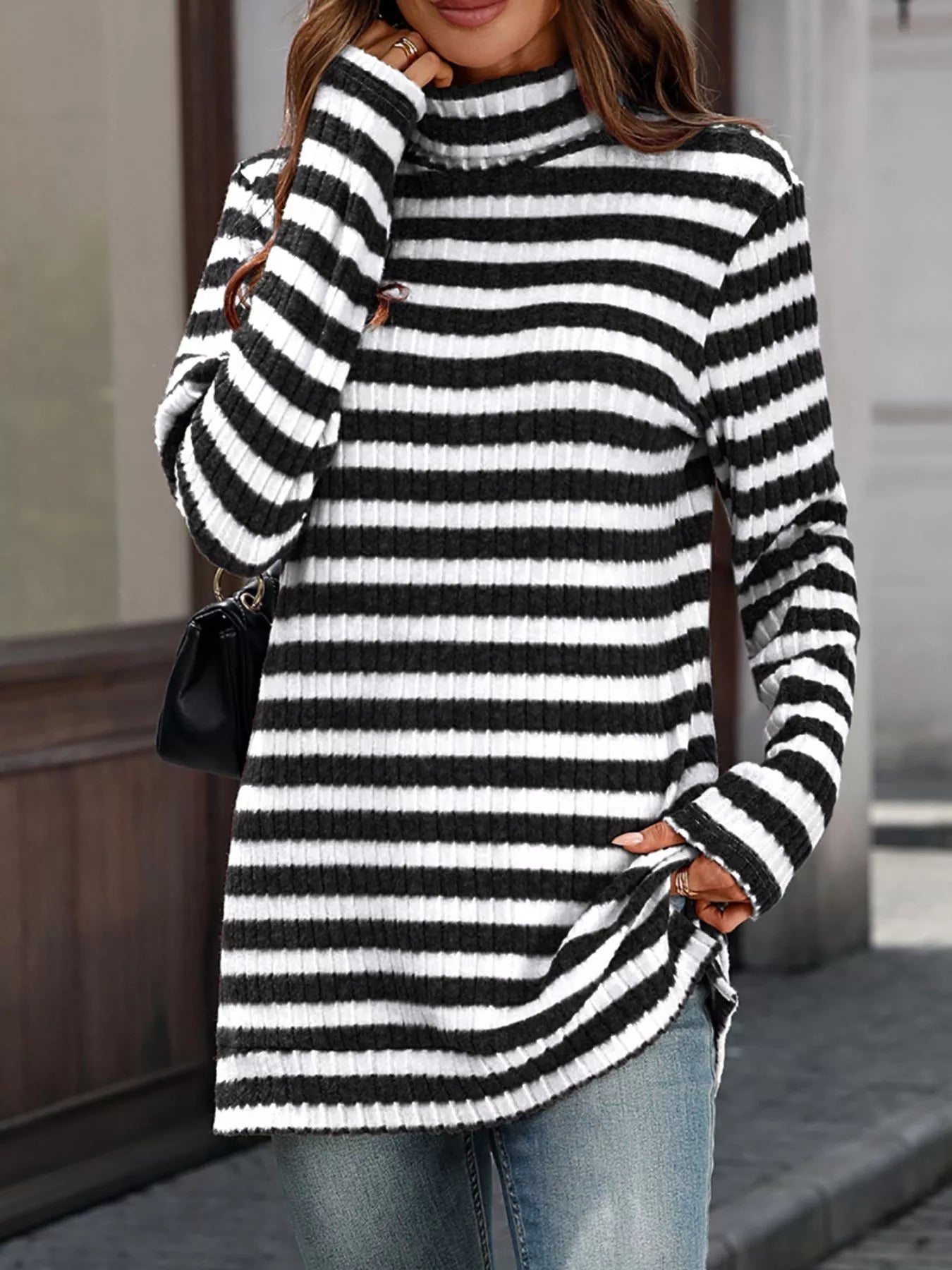 Striped Turtleneck Long Sleeve Knit Top Trendsi