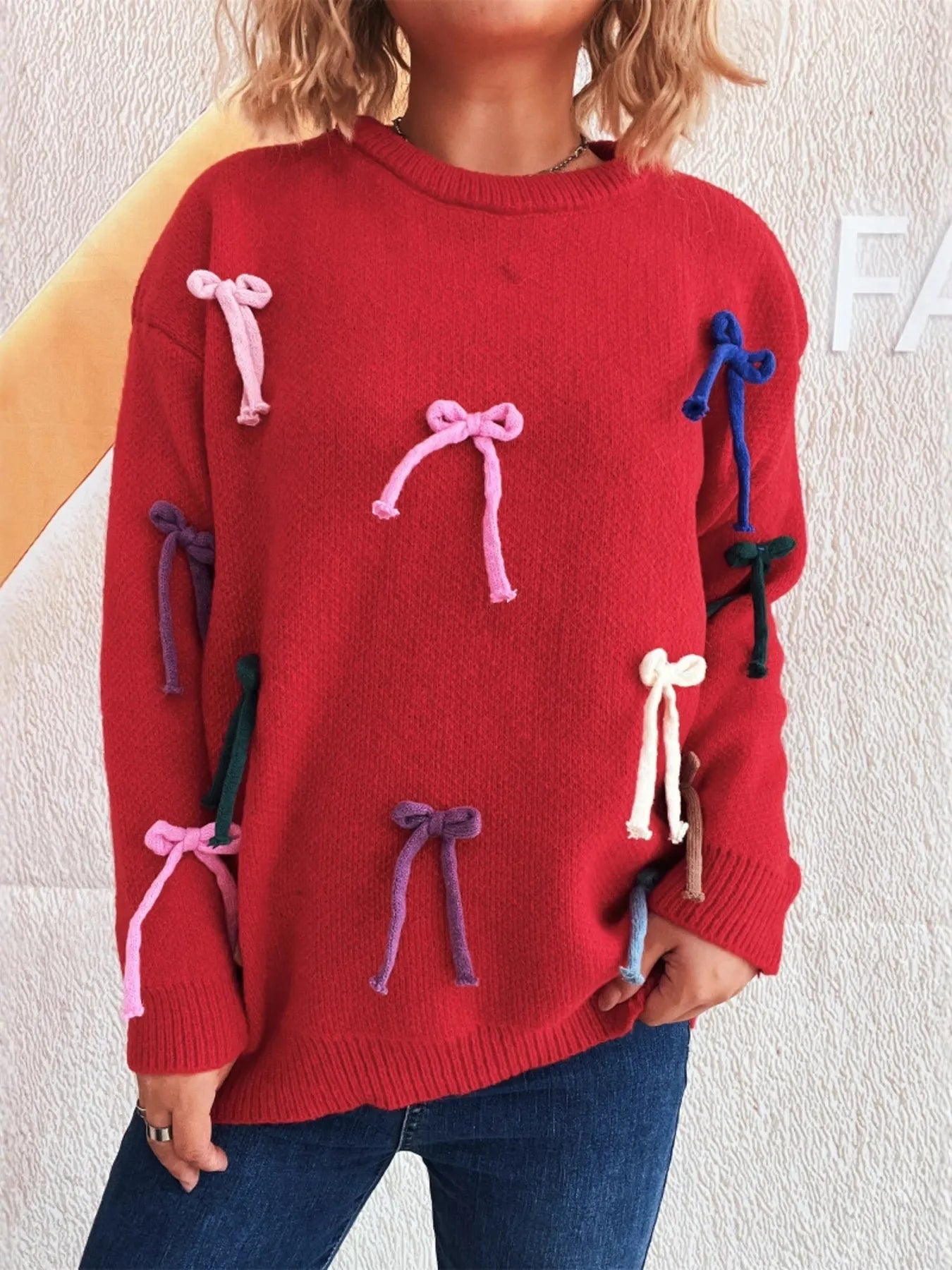 Colorful Bow Round Neck Sweater