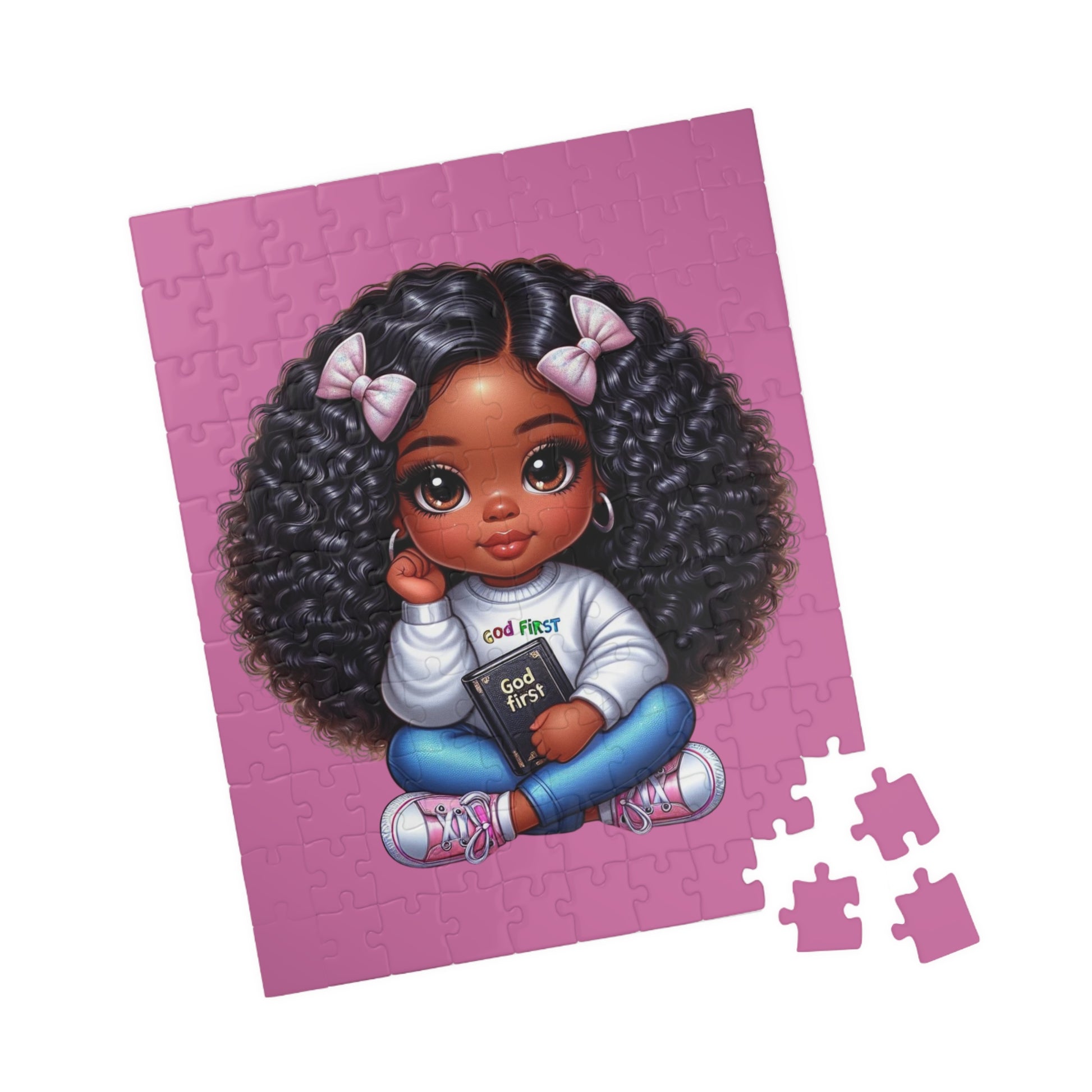 African American Girls Light Pink God First Kids Puzzle 110 piece NicholesGifts