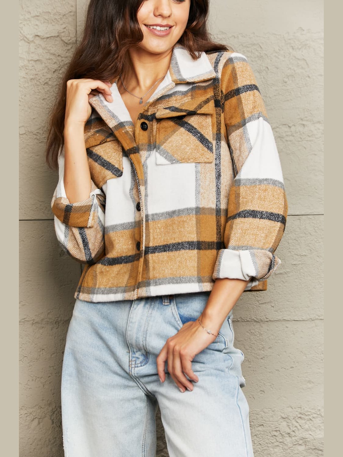 Plaid Collared Neck Jacket with Breast Pockets nicholesgifts