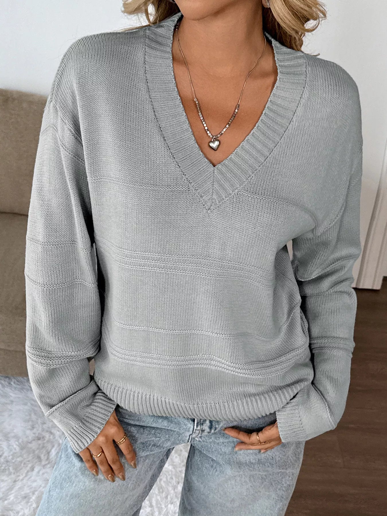 V-Neck Dropped Shoulder Sweater Trendsi