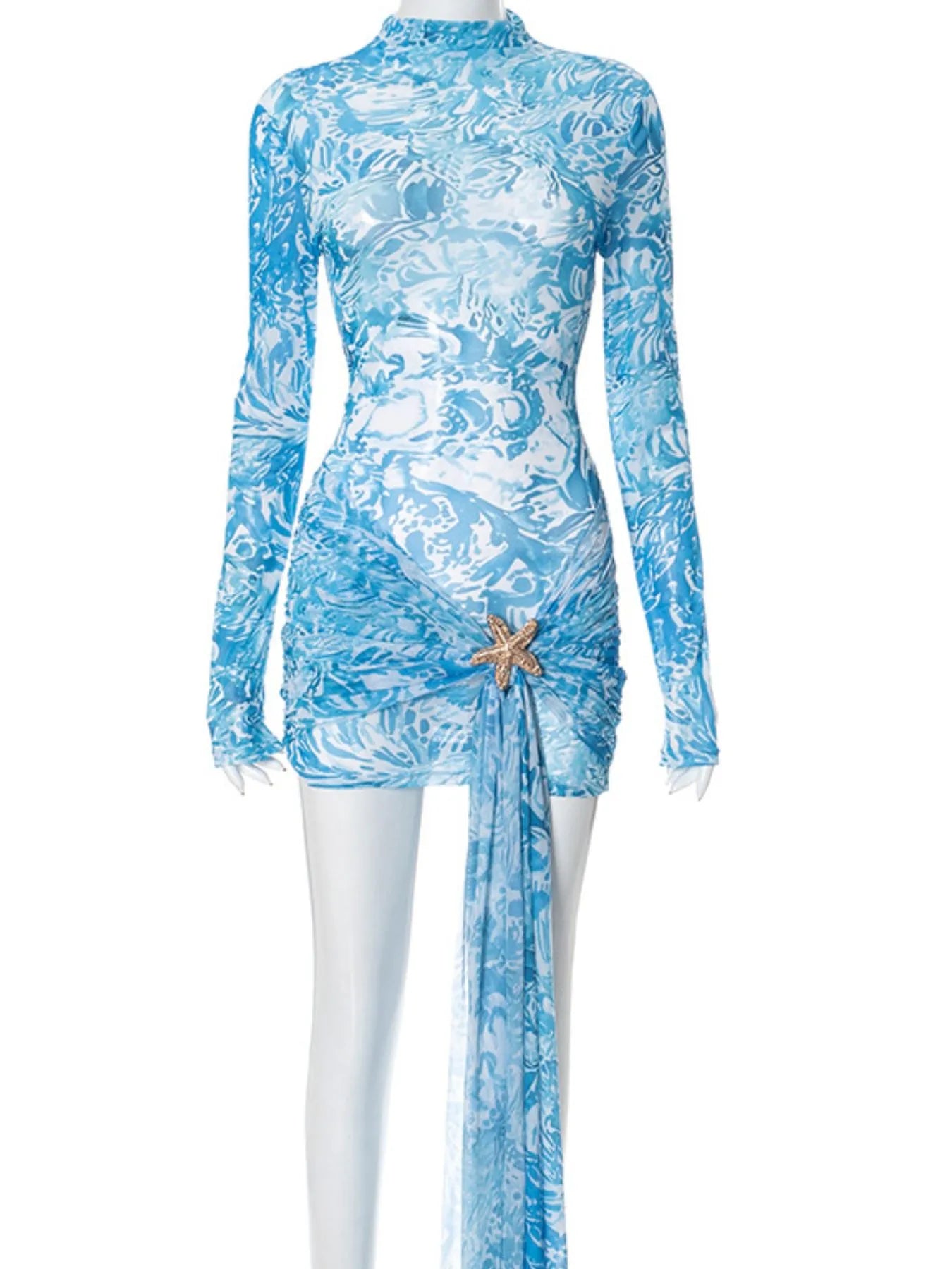 Printed Mock Neck Long Sleeve Mini Dress NicholesGifts