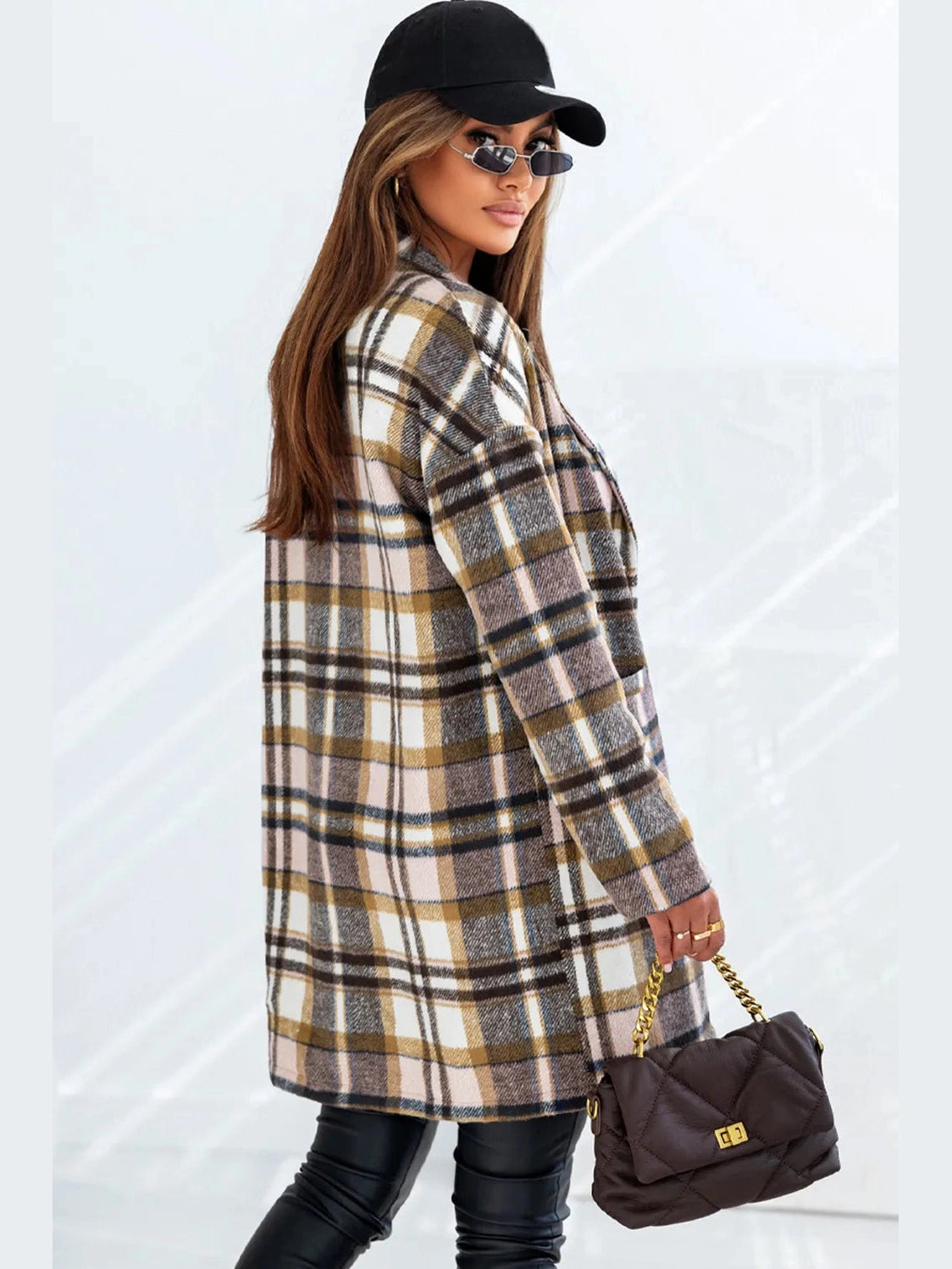 Plaid Longline Jacket with Pockets nicholesgifts