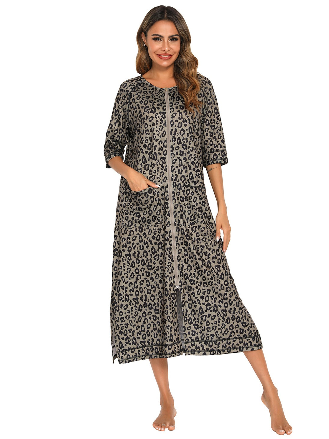 Printed Slit Night Dress with Pockets nicholesgifts