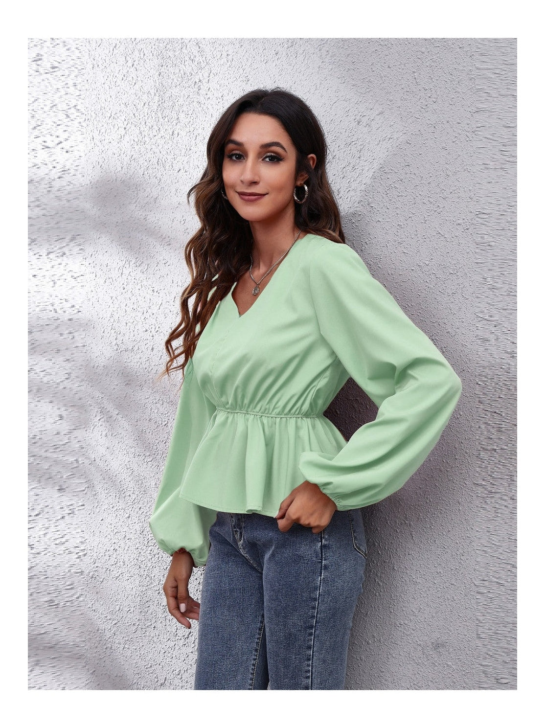 Women V-Neck Balloon Sleeve Peplum Blouse nicholesgifts