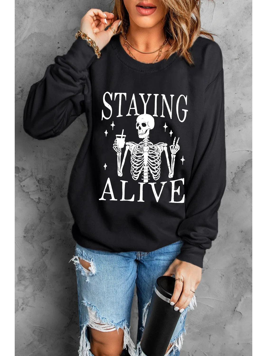 Skull Graphic Round Neck Long Sleeve Sweatshirt nicholesgifts