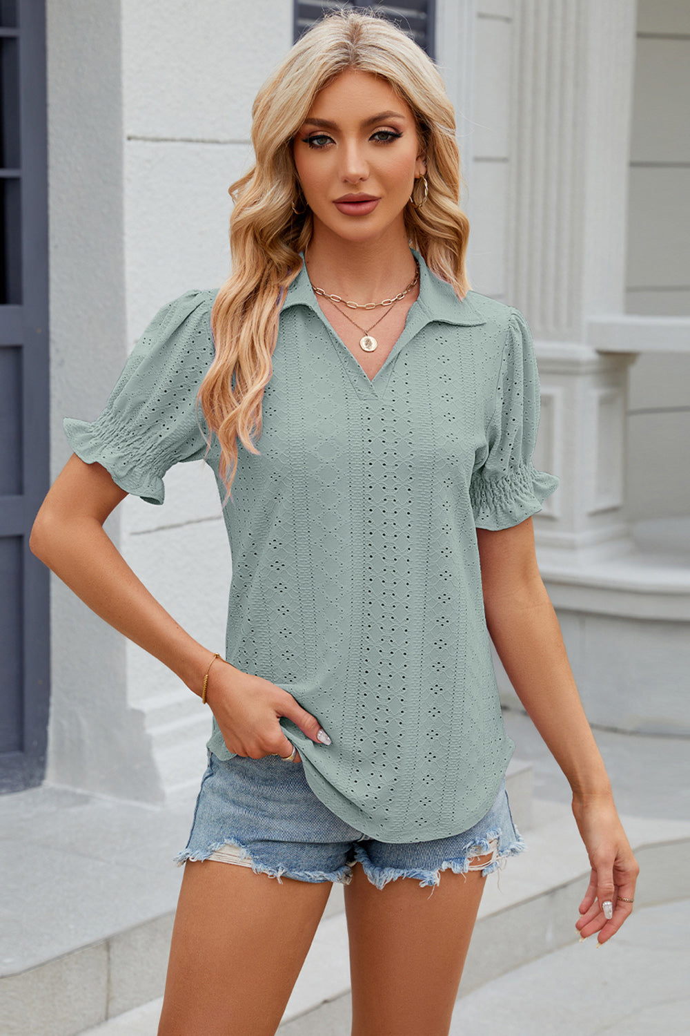 Eyelet Johnny Collar Short Sleeve Blouse nicholesgifts