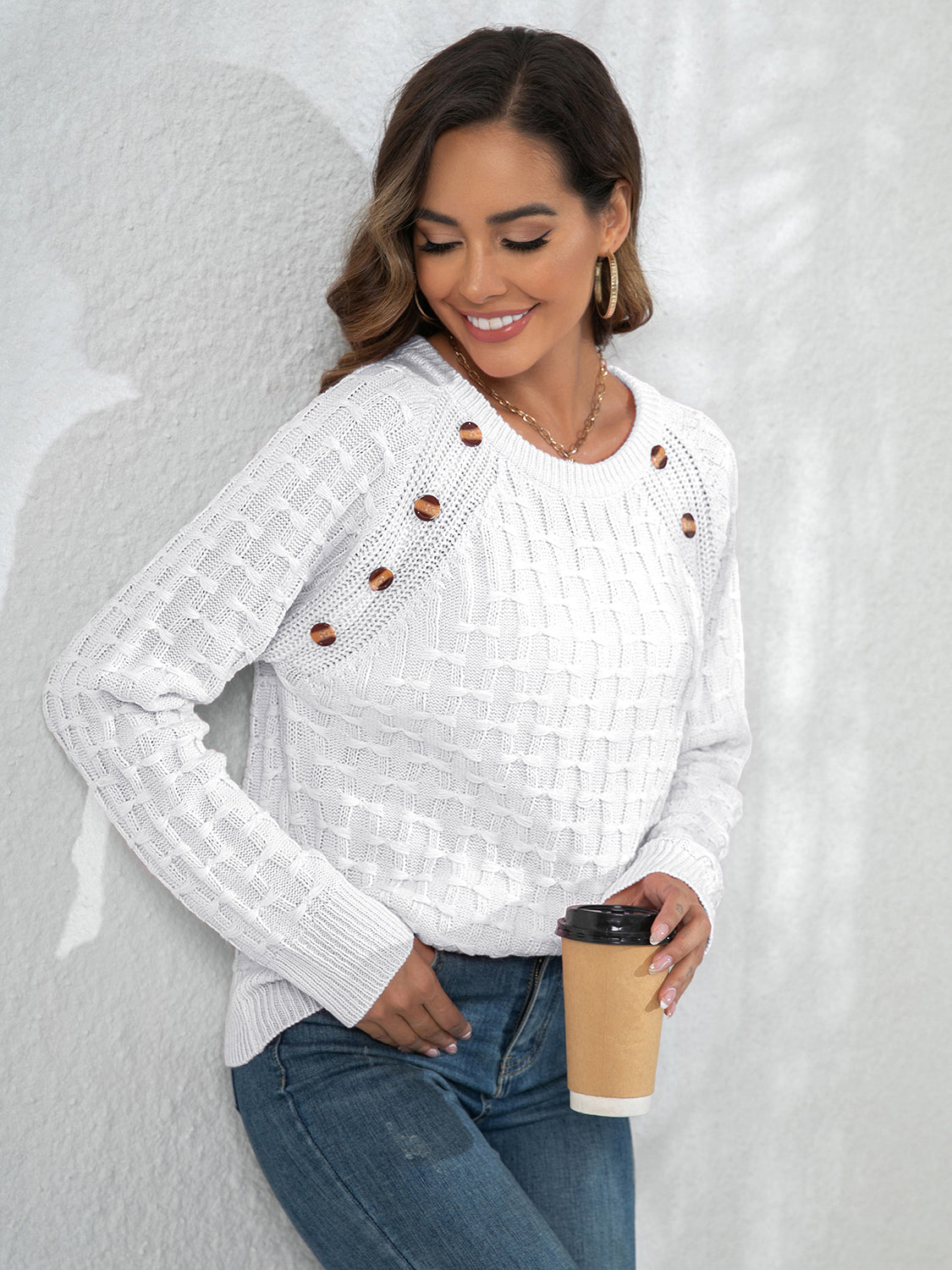 Decorative Button Long Sleeve Sweater nicholesgifts