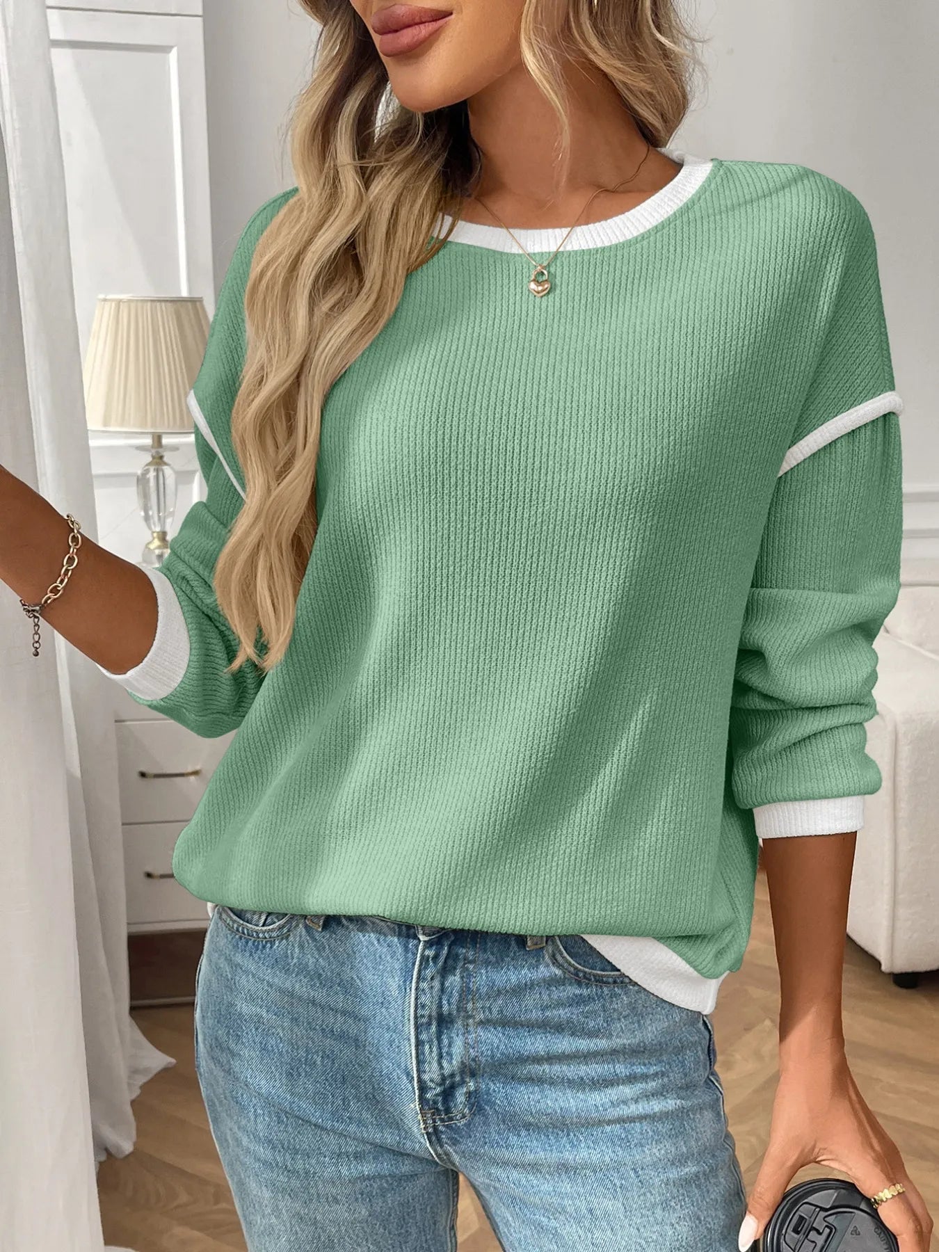 Ribbed Contrast Trim Long Sleeve Top