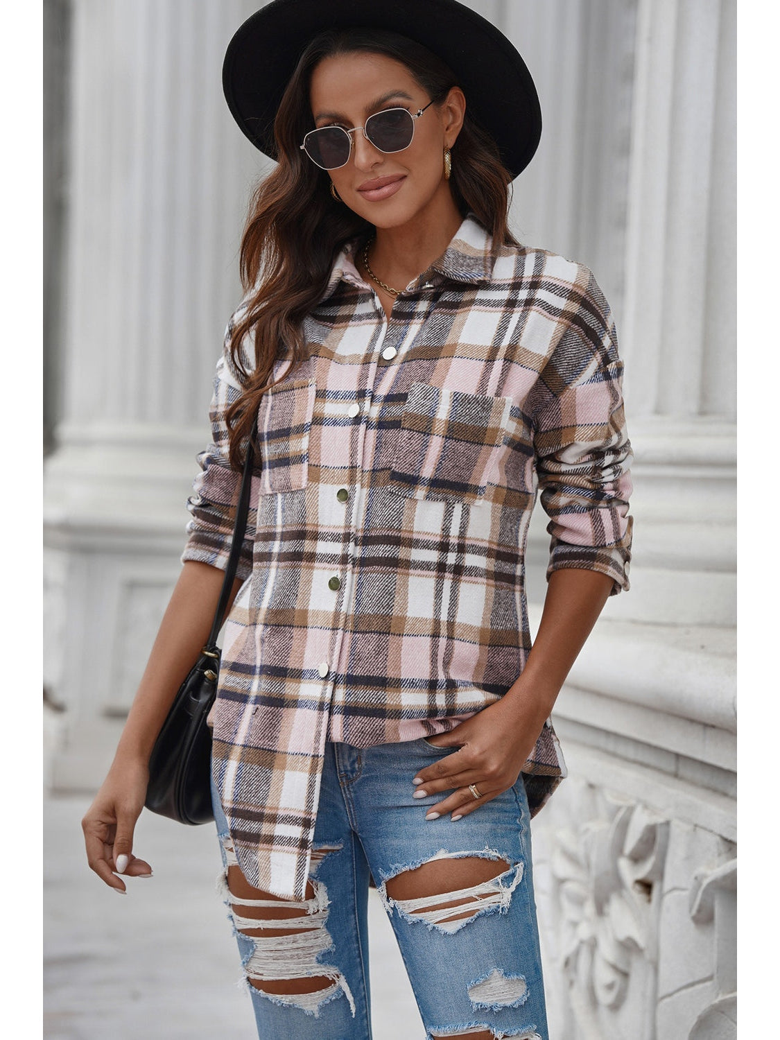 Plaid Curved Hem Dropped Shoulder Longline Shirt Jacket nicholesgifts